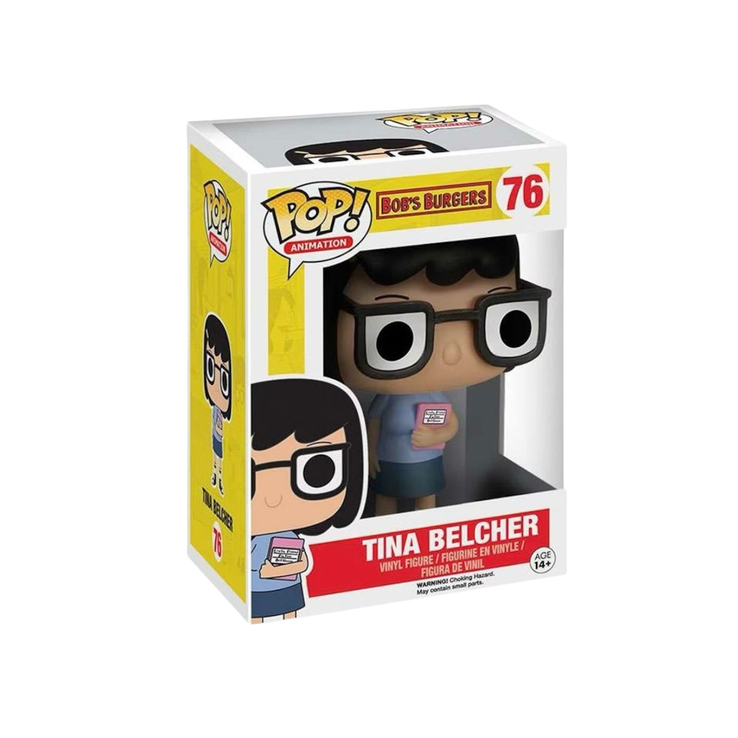 Tina Belcher with short black hair, black framed glasses, a blue short sleeved top and blue skirt holding a pink book.
