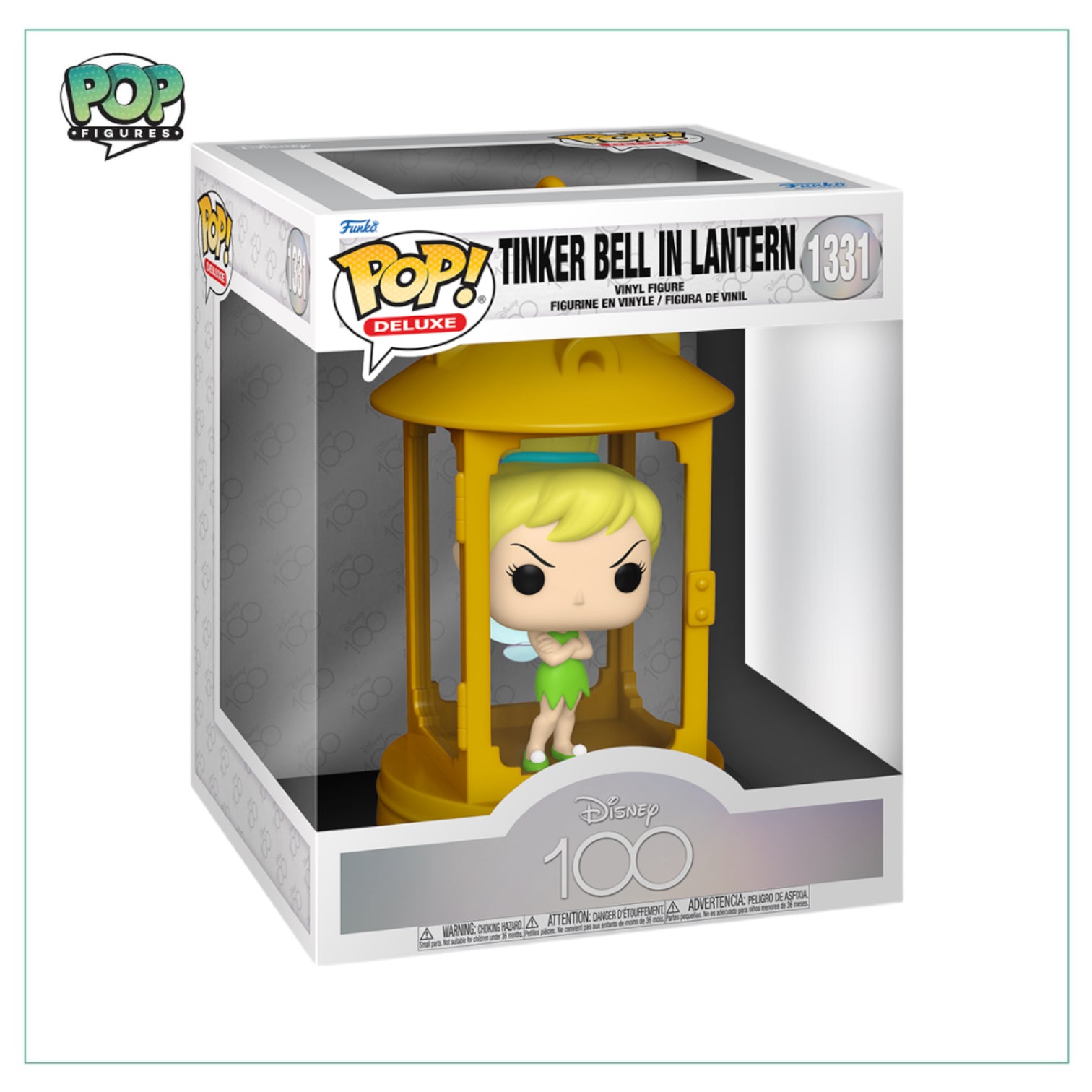 Tinker Bell inside a decorative lantern, featured as a Funko Pop! Deluxe figure from the Peter Pan collection.