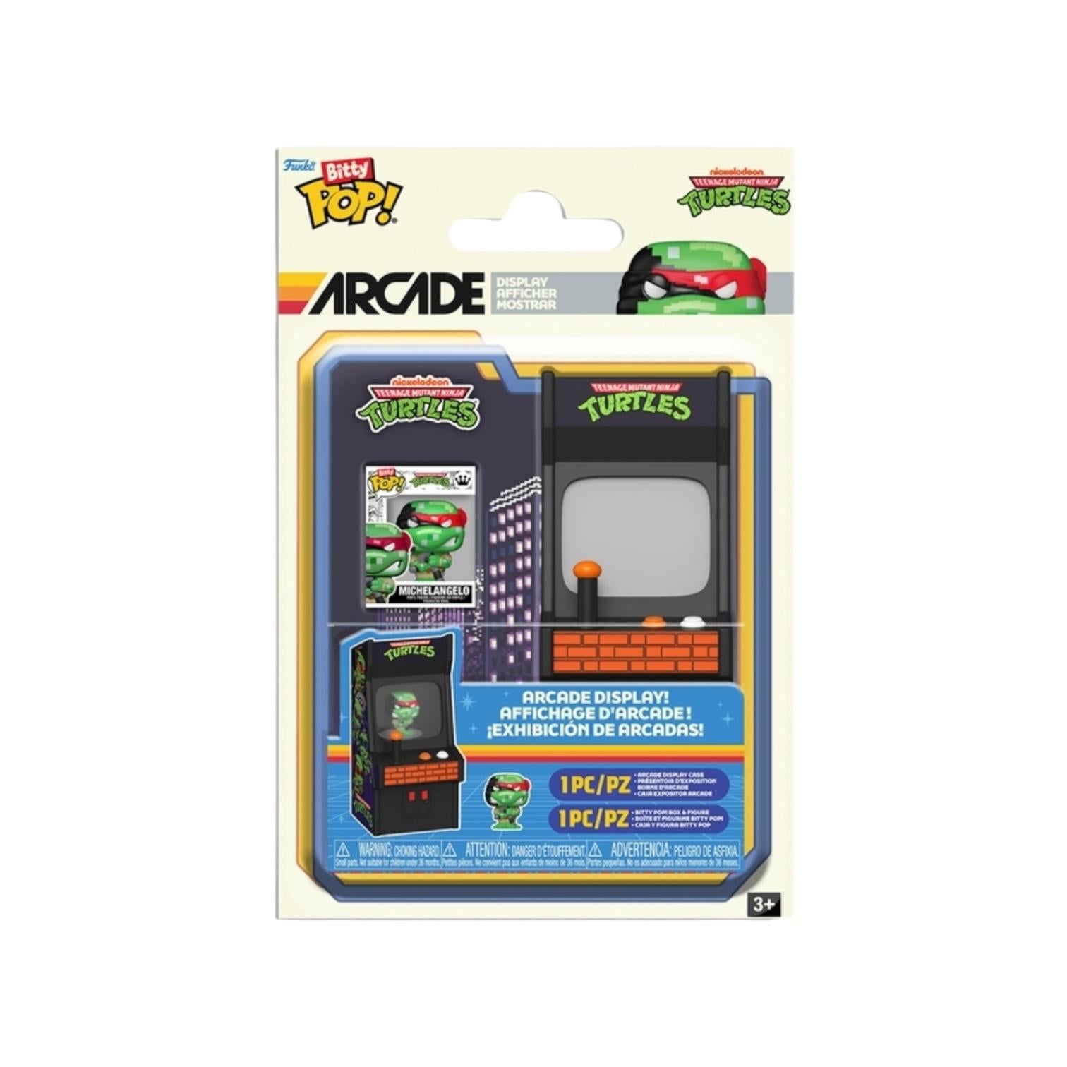 Packaged toy arcade display with Teenage Mutant Ninja Turtles and other characters on a white background