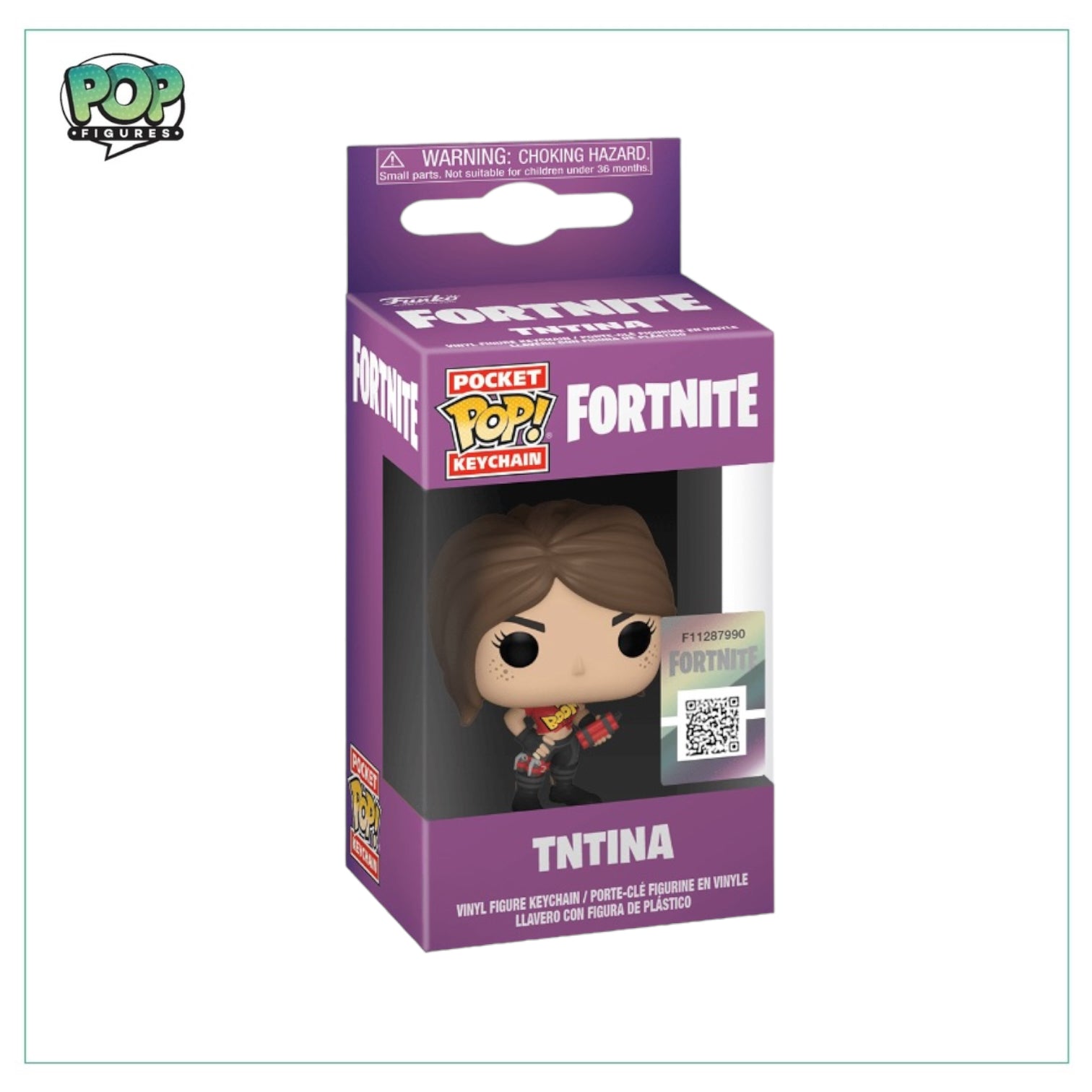 Fortnite Tntina Pocket Pop Keychain, showcasing a small, colorful figure with pink hair and a fun, energetic pose.