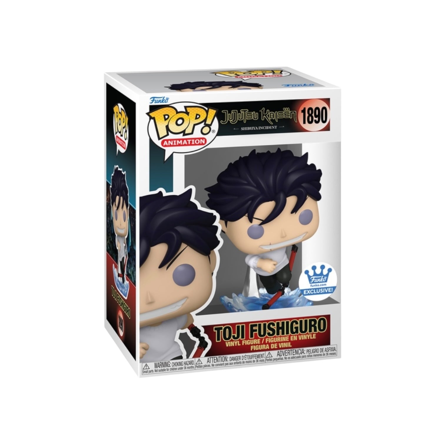 Funko Pop! vinyl figure packaging of Toji Fushiguro with branding and product details.