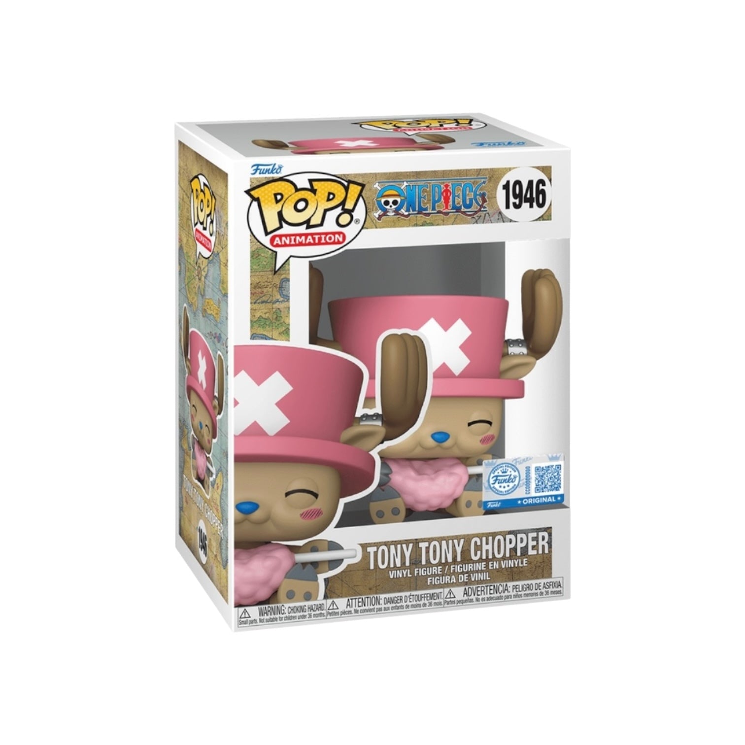 Funko Pop! vinyl figure packaging of Tony Tony Chopper with pink hat and white cross symbol on a white background.