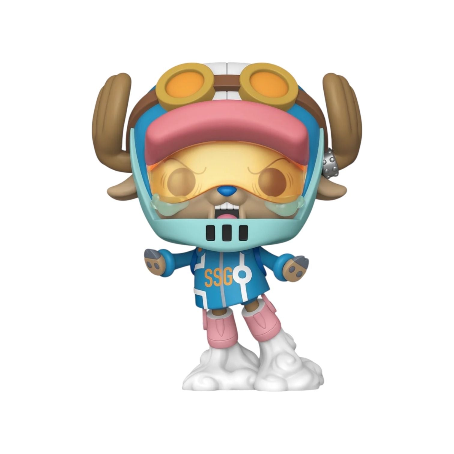 Colorful figurine with a helmet and jacket on a white background