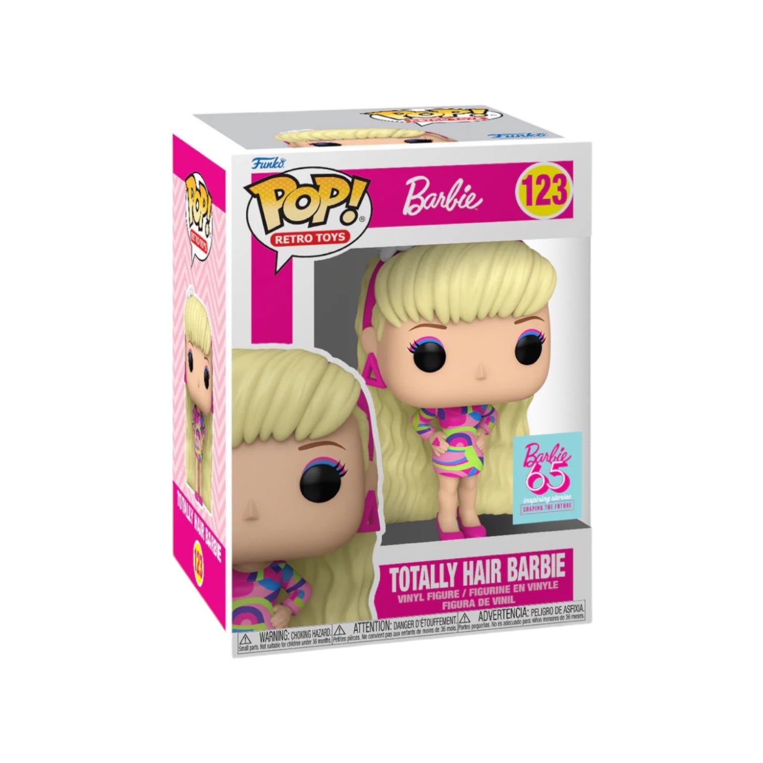 Funko Pop! of Totally Hair Barbie #123, showcasing her iconic long hair and vibrant outfit in a collectible figure.