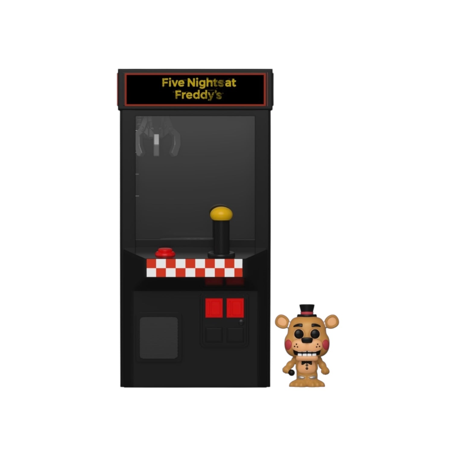 A toy arcade machine with 'Five Nights at Freddy's' text and a small figure of a character in front on a white background.