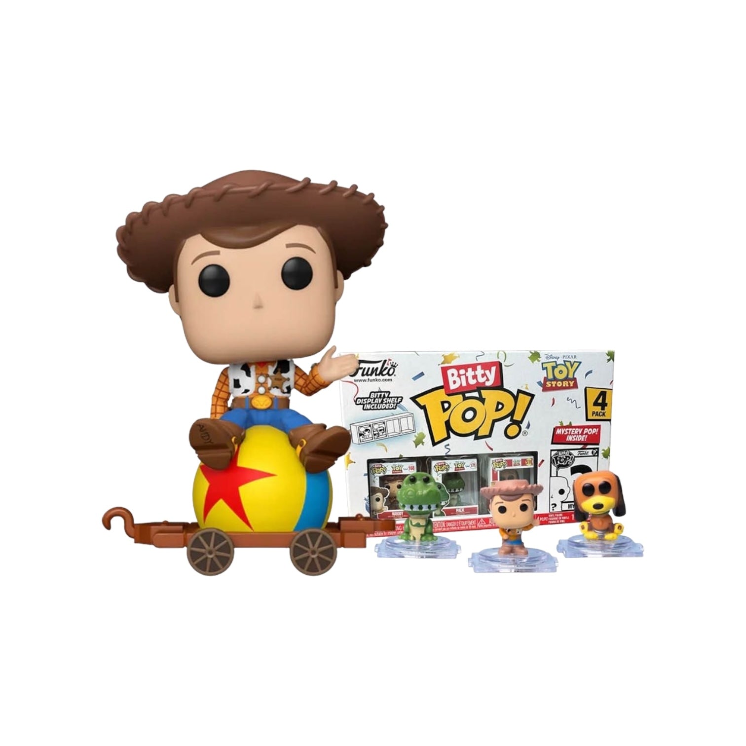 Funko Pop and Bitty Pop bundle featuring Toy Story's Woody in a playful pose, perfect for collectors and fans.