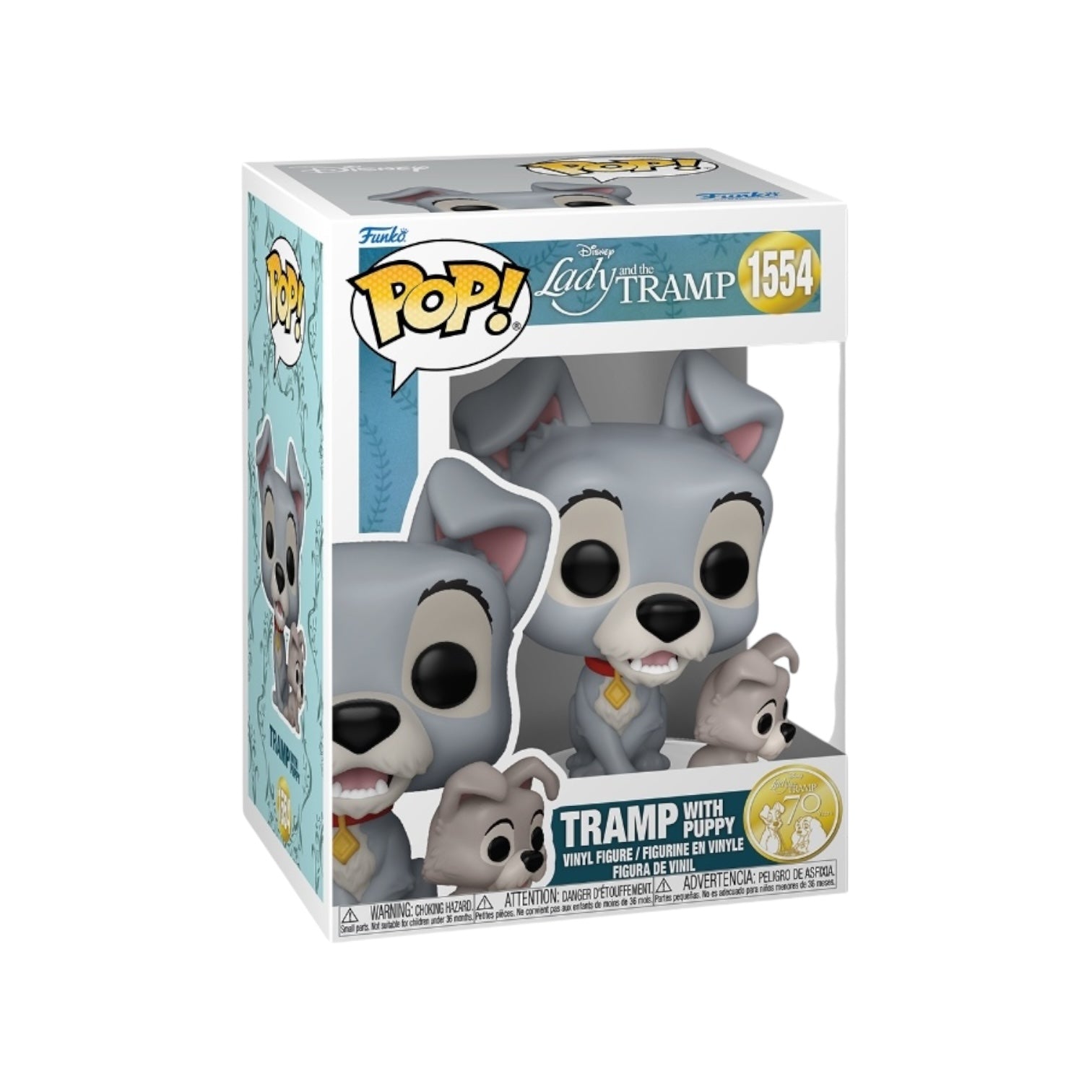 Disney Classic Tramp the Dog with his puppy that looks just like him a grey dog with a red collar with gold tag