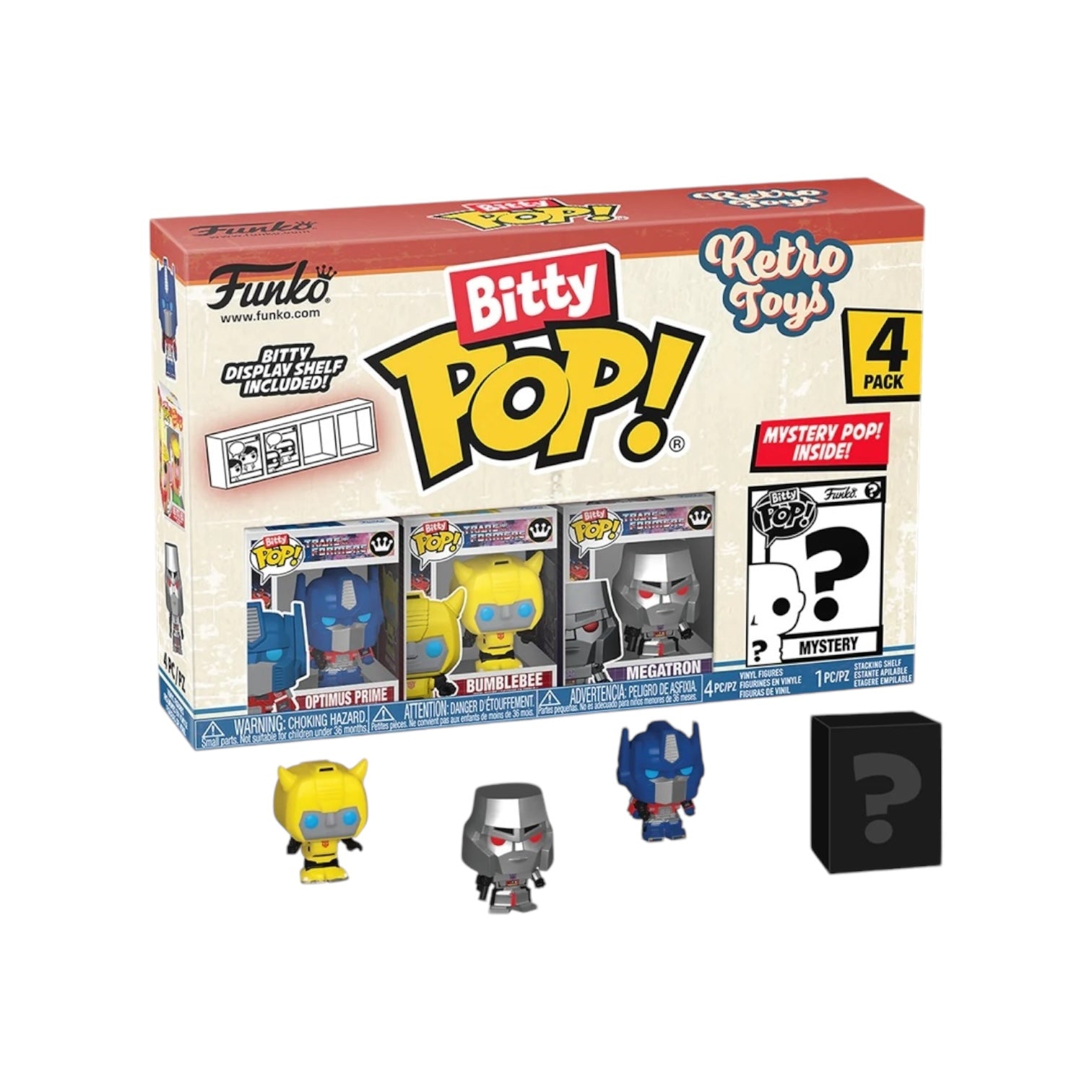 Four adorable Funko Bitty Pop! Transformers figures, showcasing classic characters from the beloved Retro Toys line.