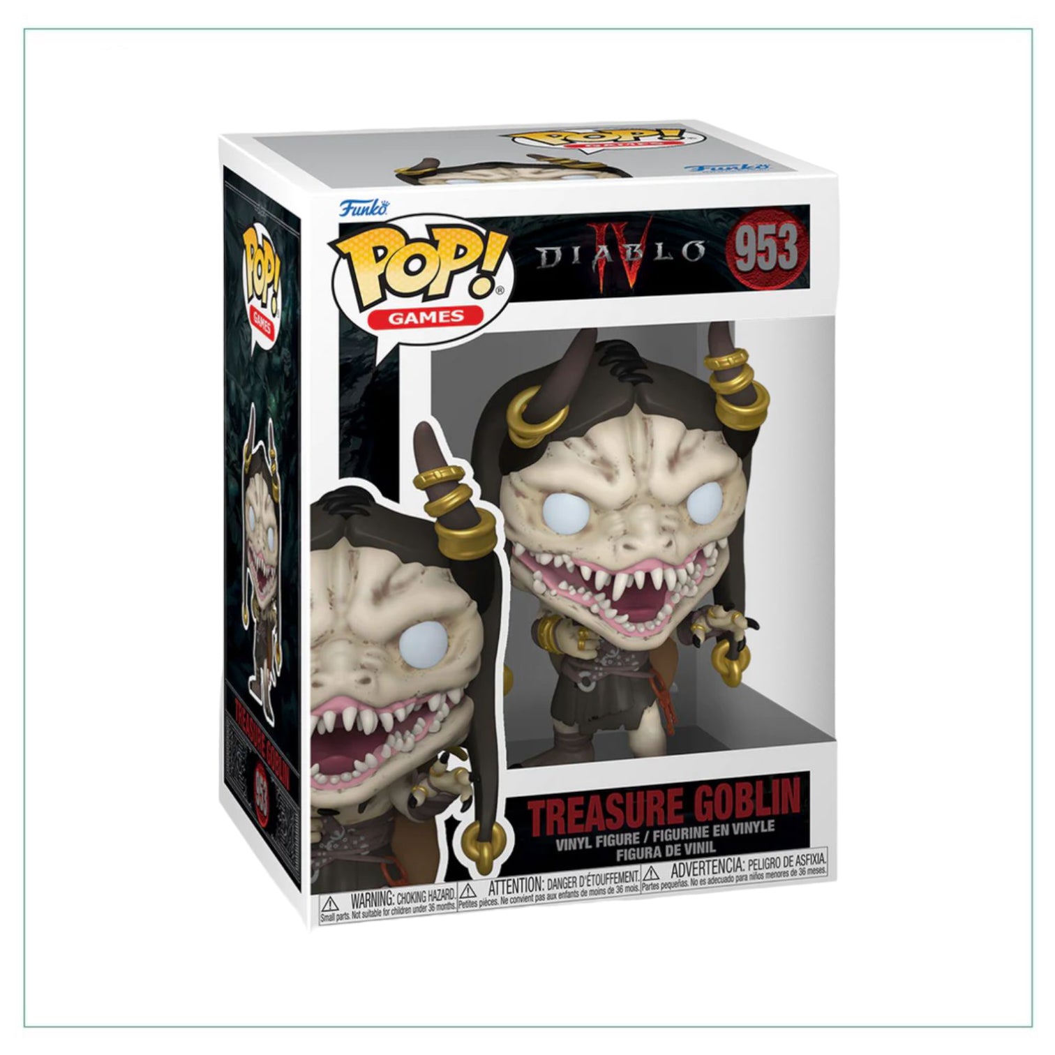 Diablo IV's Treasure Goblin #953 Funko Pop!, showcasing a playful goblin holding a treasure chest, vibrant and detailed.