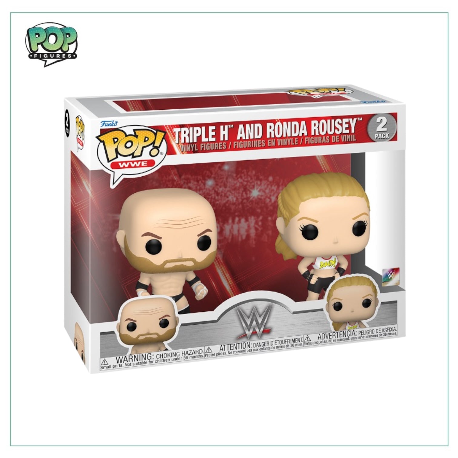 Collectible Funko Pop! 2 Pack showcasing Triple H and Ronda Rousey, celebrated WWE superstars in vibrant detail.
