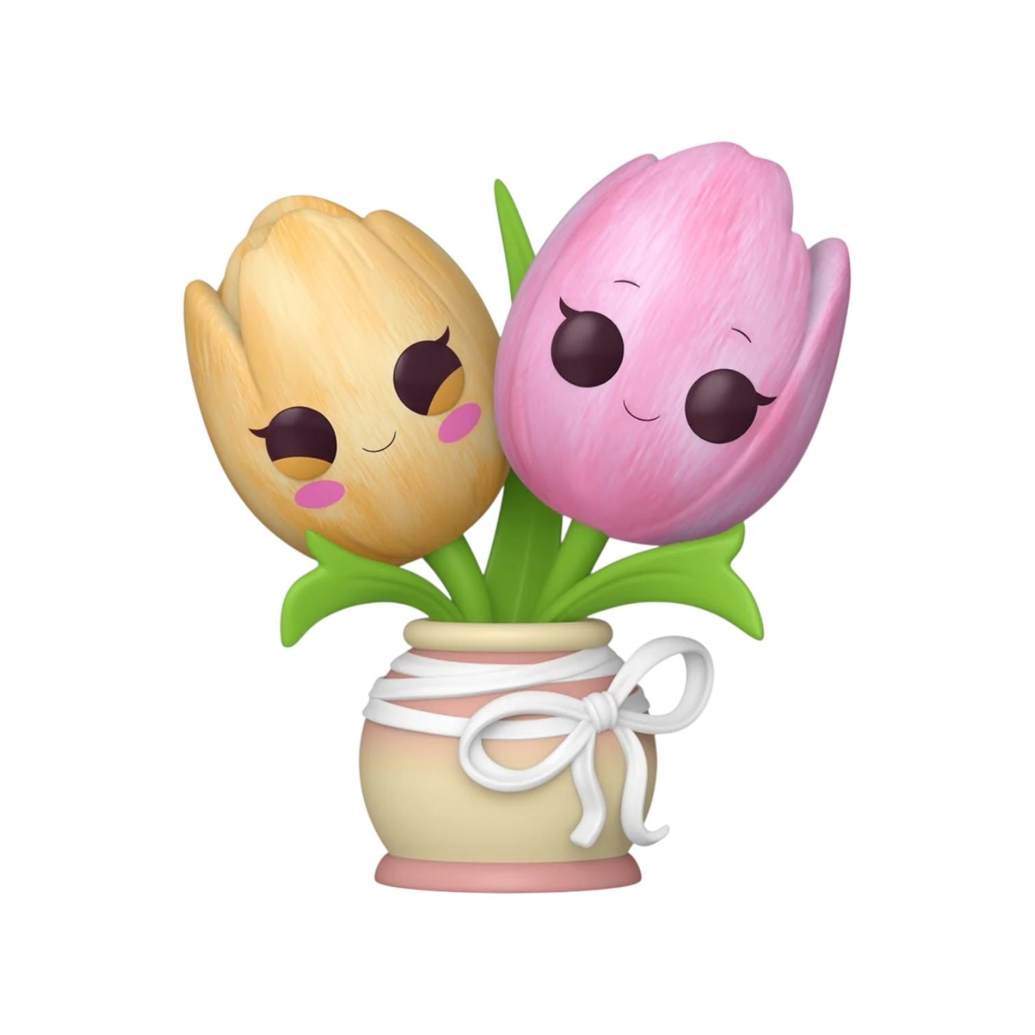 Flora Funko pop of a pair of tulips yellow and pink in colour with long green stems in a cream pot with white rope around the neck as decoration