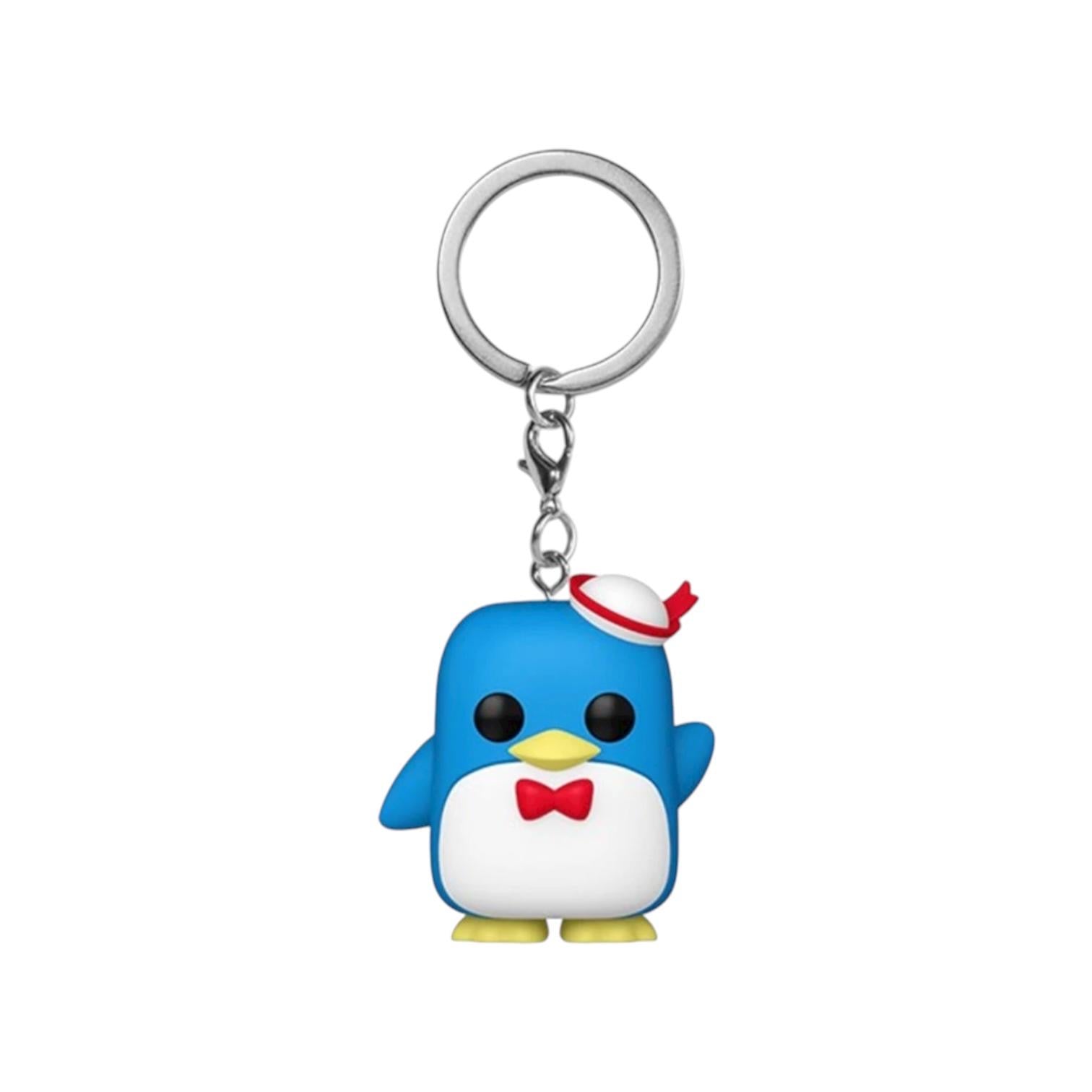 Blue penguin keychain with a red bow tie and white hat on a white background