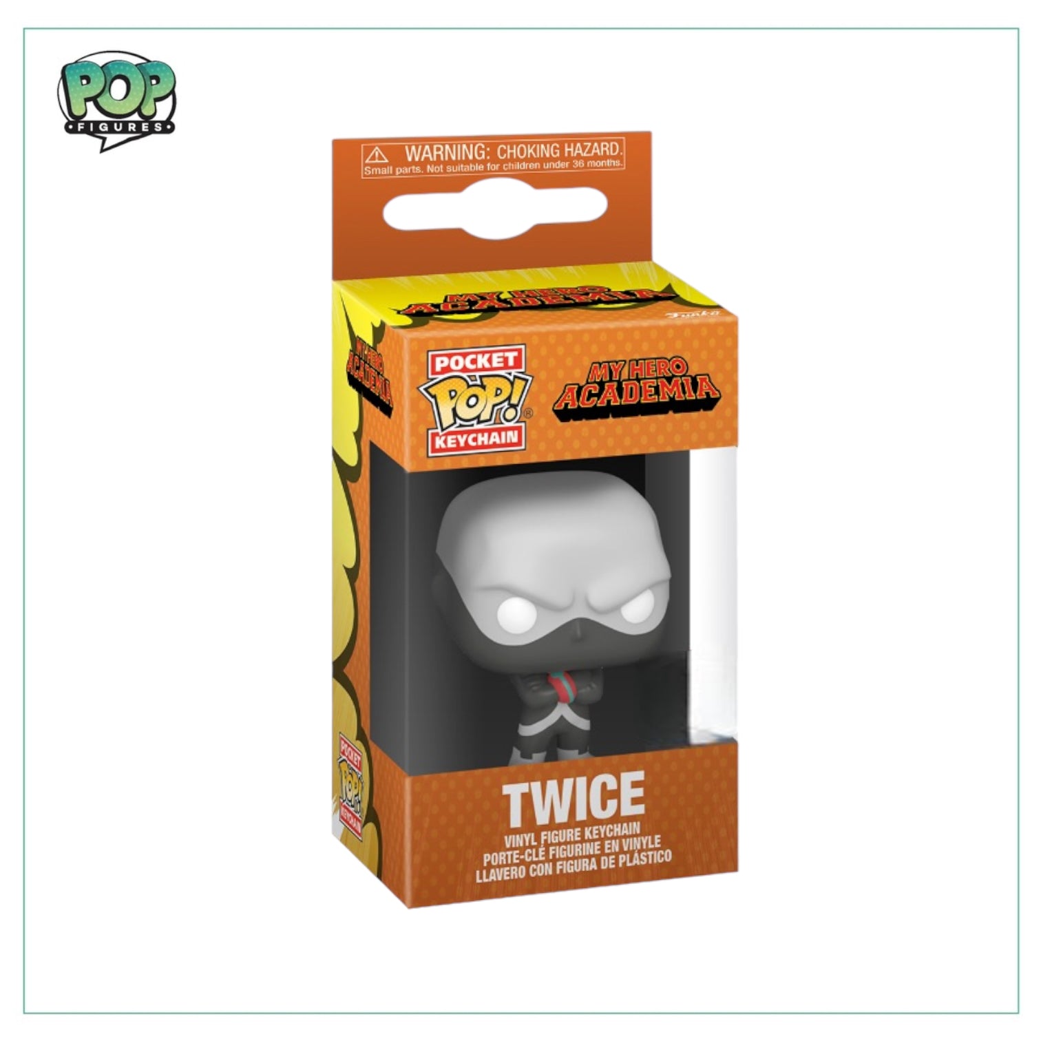 Funko Pocket Pop! Keychain featuring Twice from My Hero Academia, showcasing his distinctive costume and playful expression.