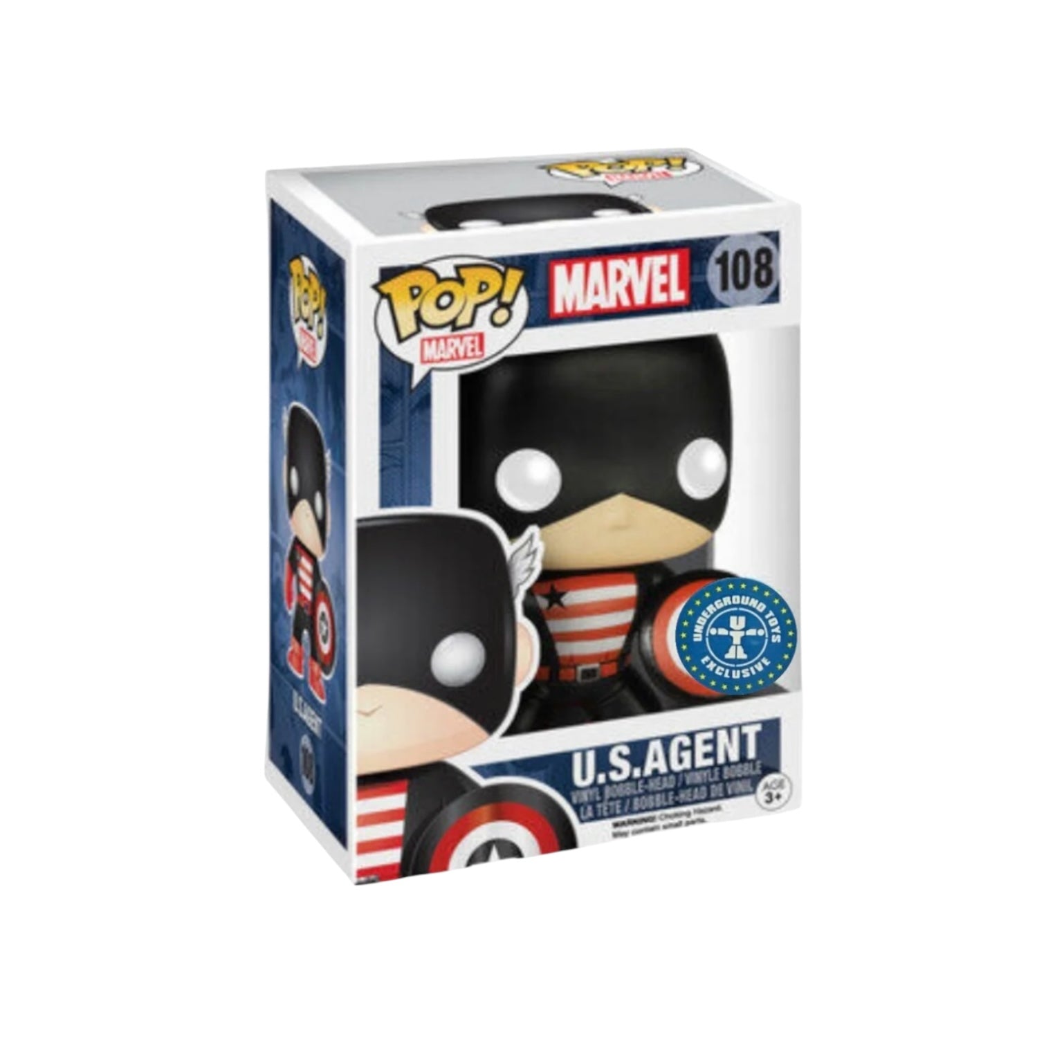U.S.Agent #108 Funko Pop! figure, Marvel, Underground Toys Exclusive, rated 8.5/10, showcasing a detailed character design.