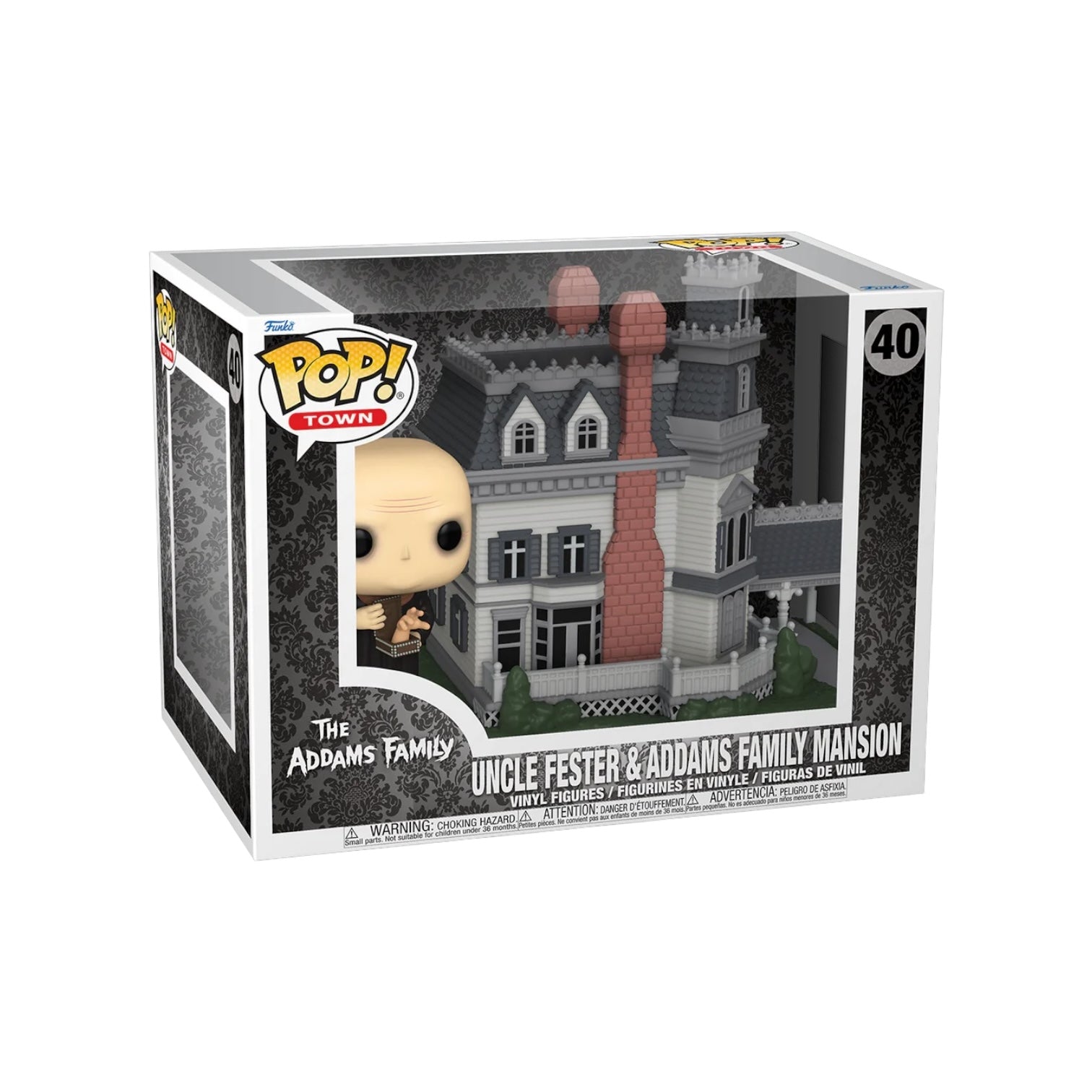 Uncle Fester stands in front of the spooky Addams Family mansion in this Funko Pop! Town collectible.