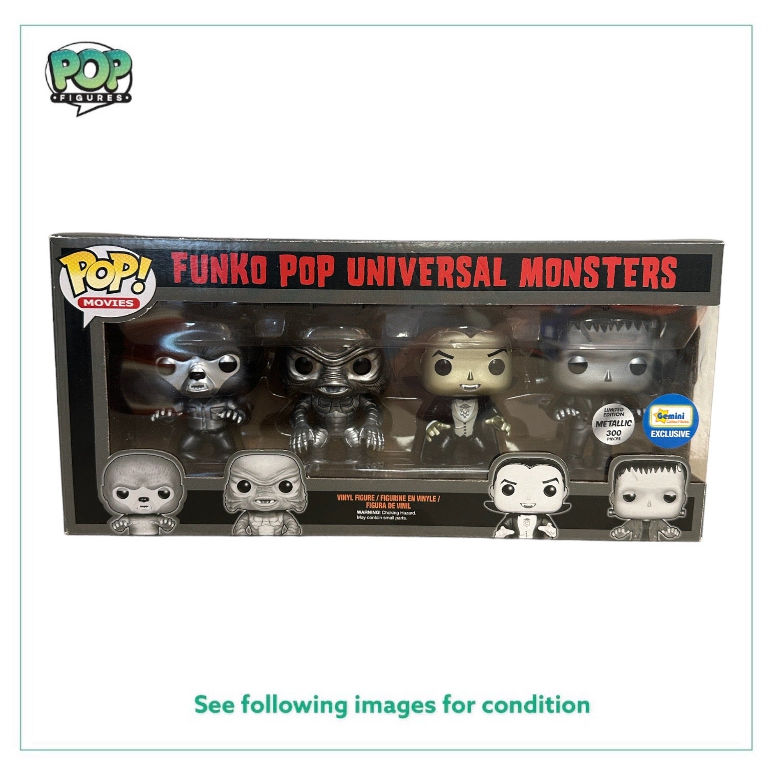 Exclusive Metallic Universal Monsters 4 Pack Funko Pop! by Gemini Collectibles, limited to 300 pieces, condition 7.5/10.