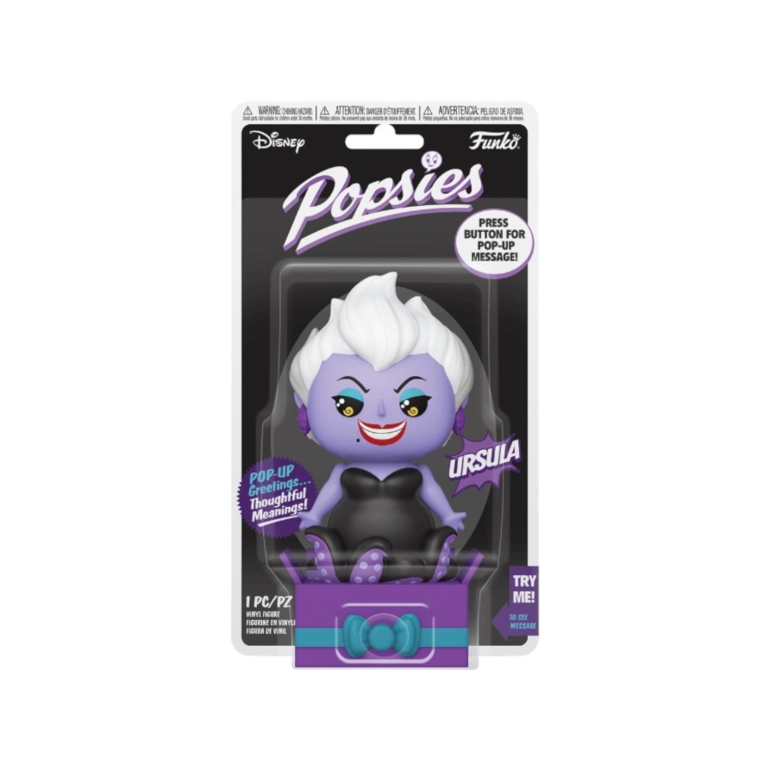 Funko Pop figure of Ursula from The Little Mermaid, featuring her iconic purple skin and tentacles in a playful design.