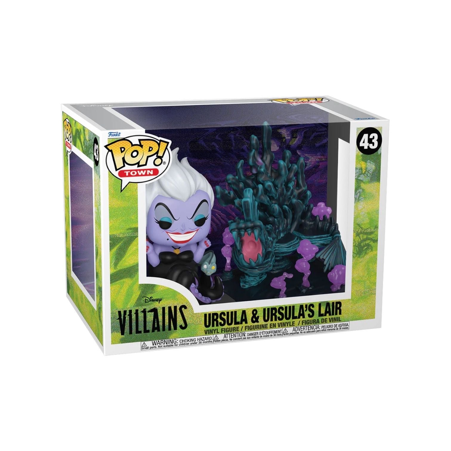 Funko Pop! figure of Ursula from Disney's The Little Mermaid, featuring her iconic look in a detailed lair setting.