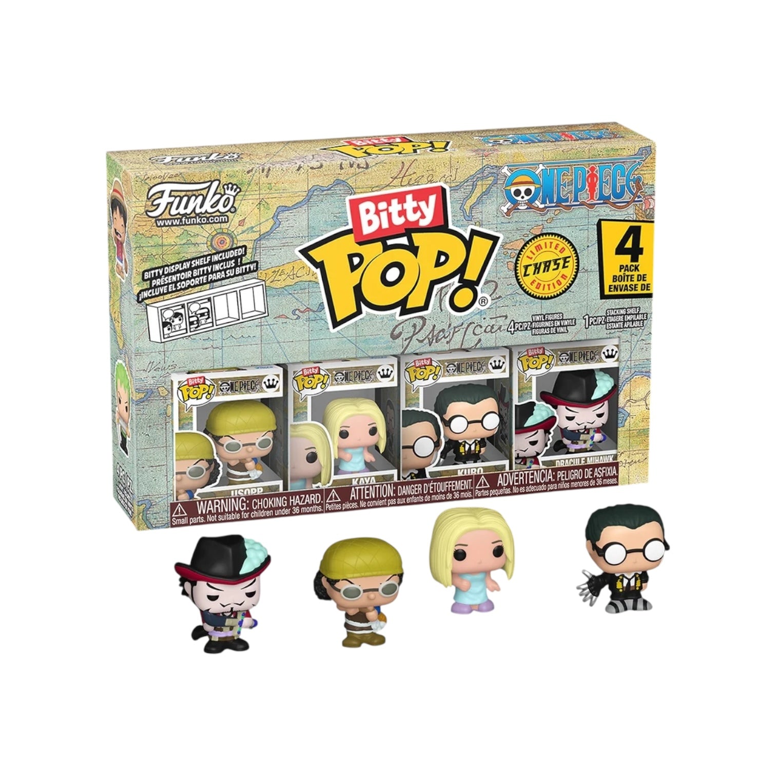 Funko Bitty Pop! packaging with four figures in front on a white background