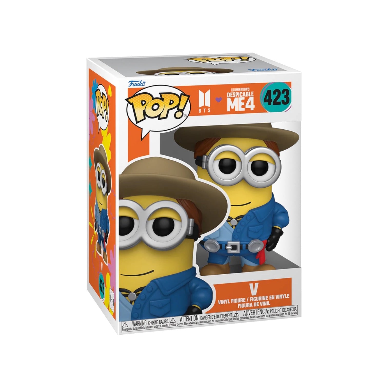 Funko Pop! V #423 featuring BTS x Despicable Me 4, a collectible figure coming soon.