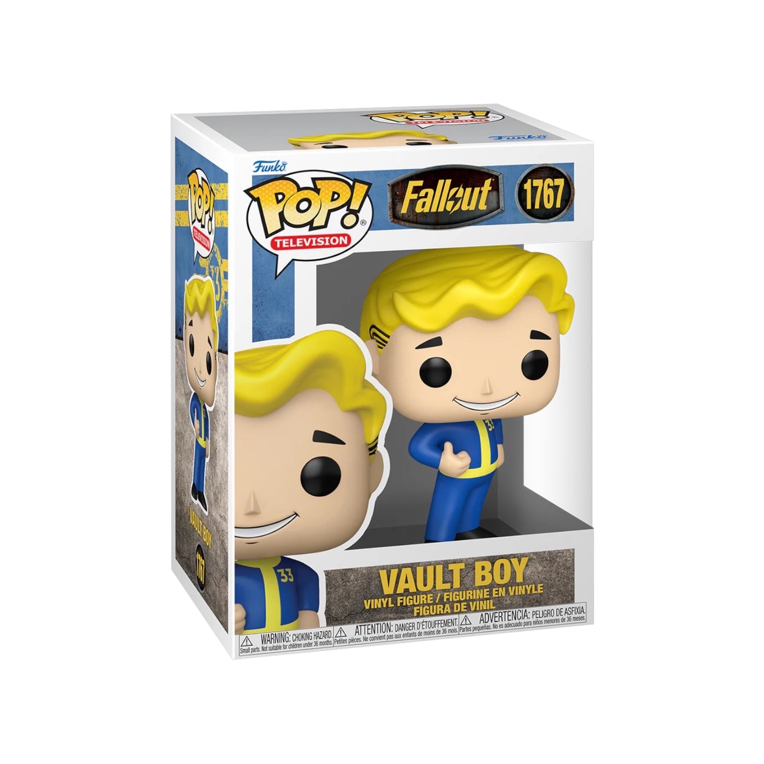 Funko Pop! Vault Boy figure packaging with 'Fallout' branding on a white background