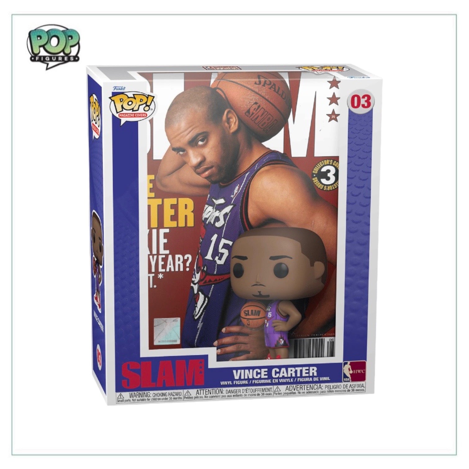 Vince Carter #03 Funko Pop on SLAM magazine cover, celebrating his iconic NBA career in a vibrant design.