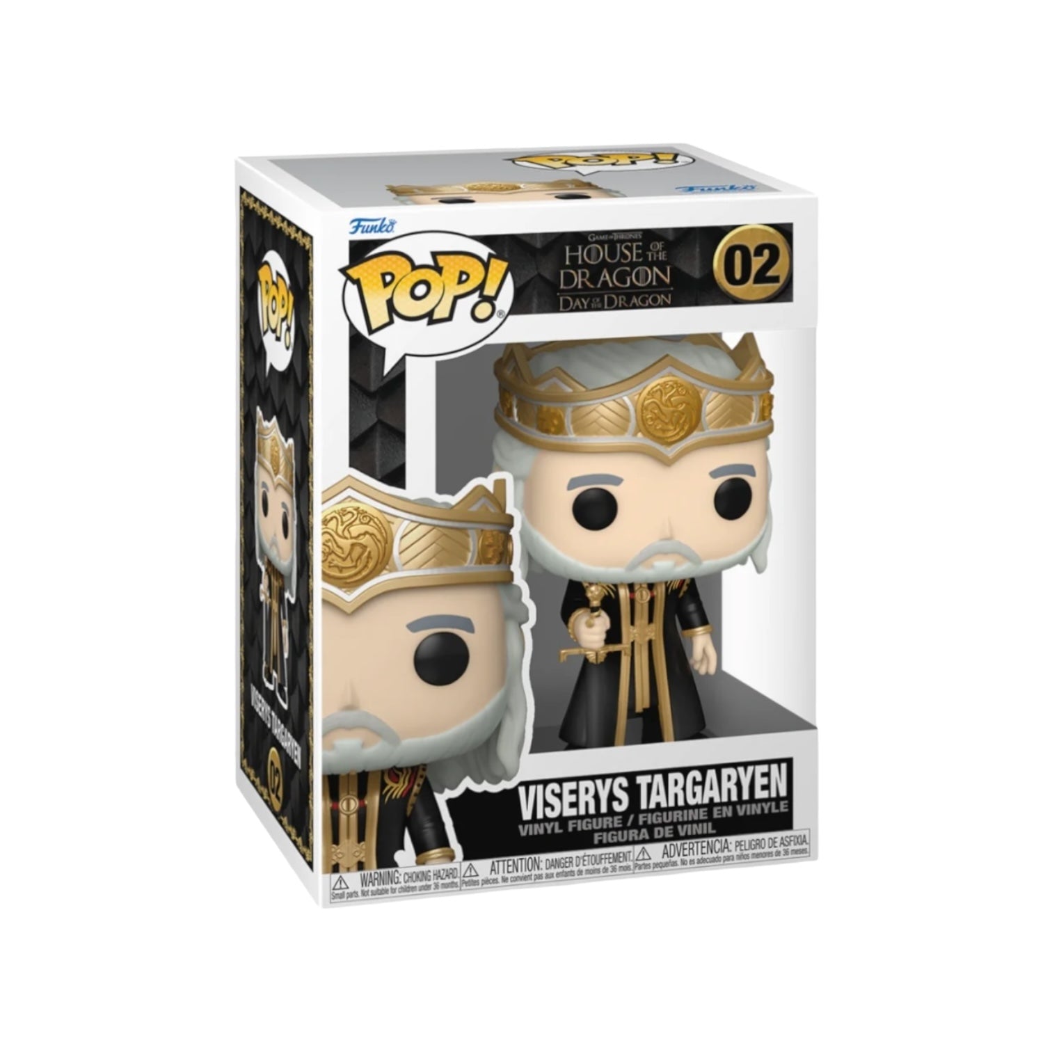 Funko Pop! of Viserys Targaryen #02, representing House of the Dragon with his crown and elegant clothing.