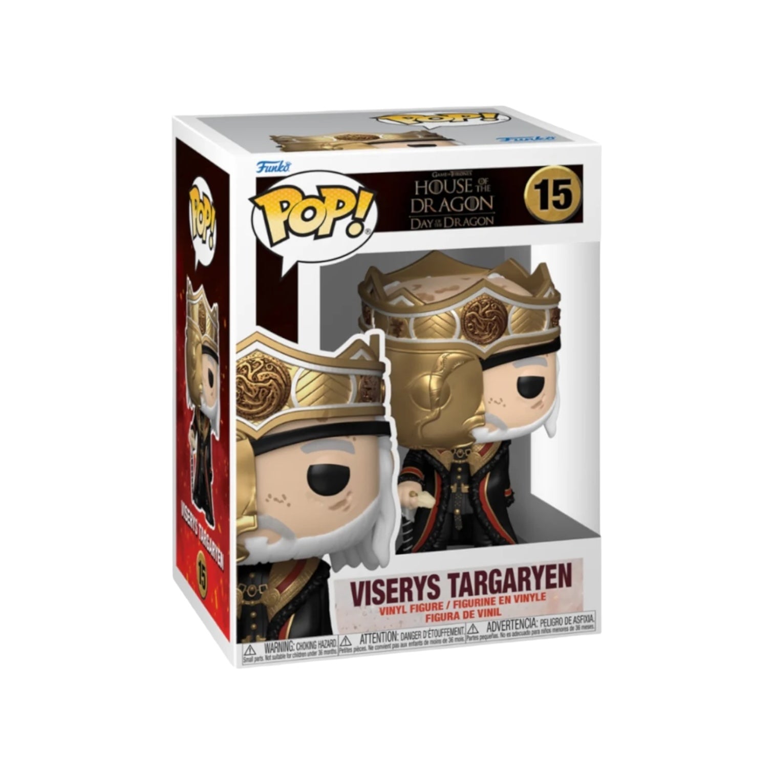 Funko Pop! figure of Viserys Targaryen from House of The Dragon, showcasing his iconic look and Targaryen features.
