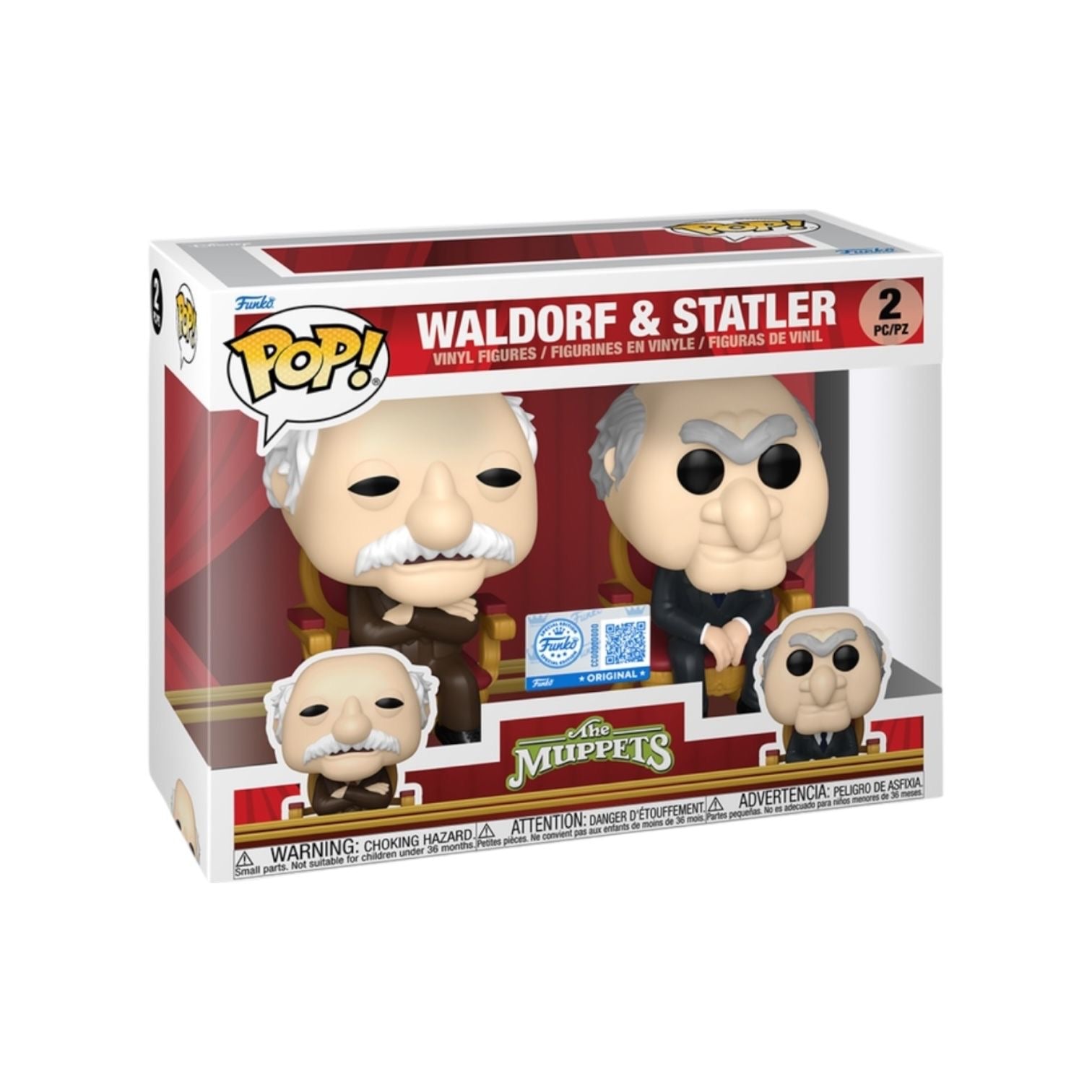 Funko Pop! packaging featuring Waldorf and Statler figures with Muppets branding.