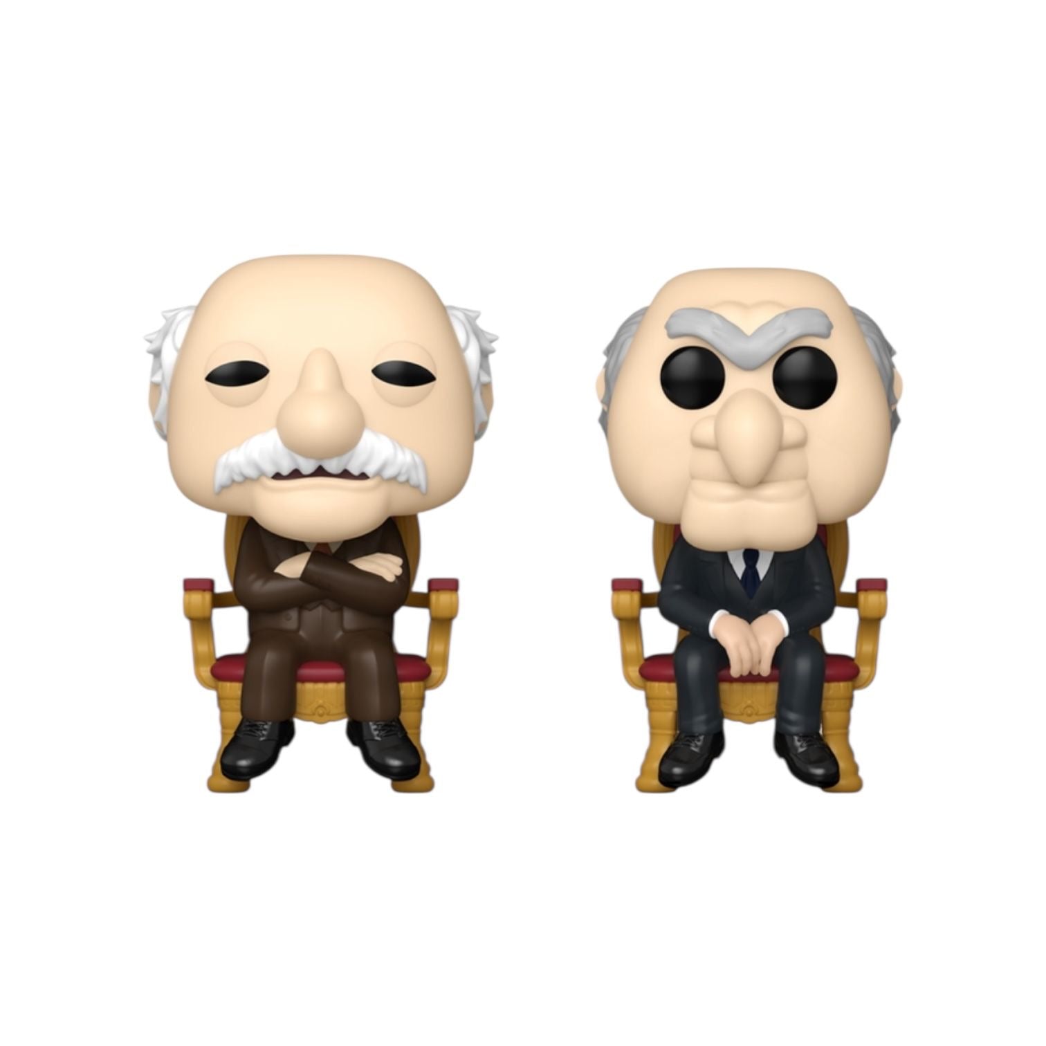 Two figurines of a man with a mustache sitting on chairs on a white background