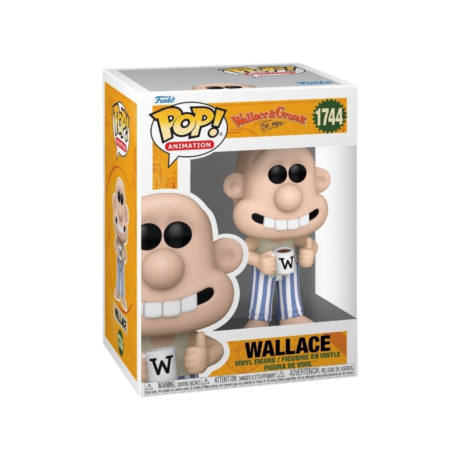 A Funko Pop! vinyl figure of Wallace from Wallace and Gromit, packaged in a collector-friendly window box.