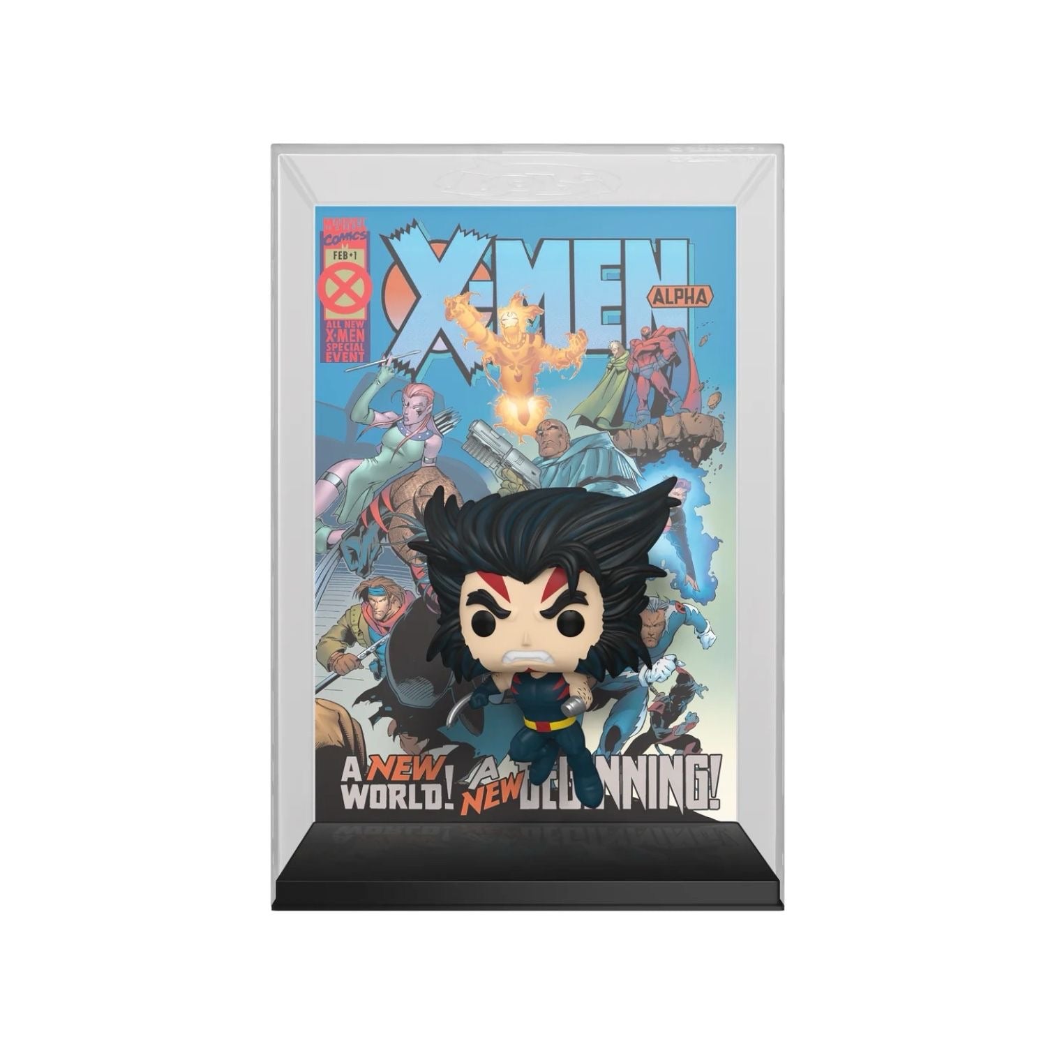 a comic cover design Funko pop depicting Weapon X charcter in his usual blue outfit.