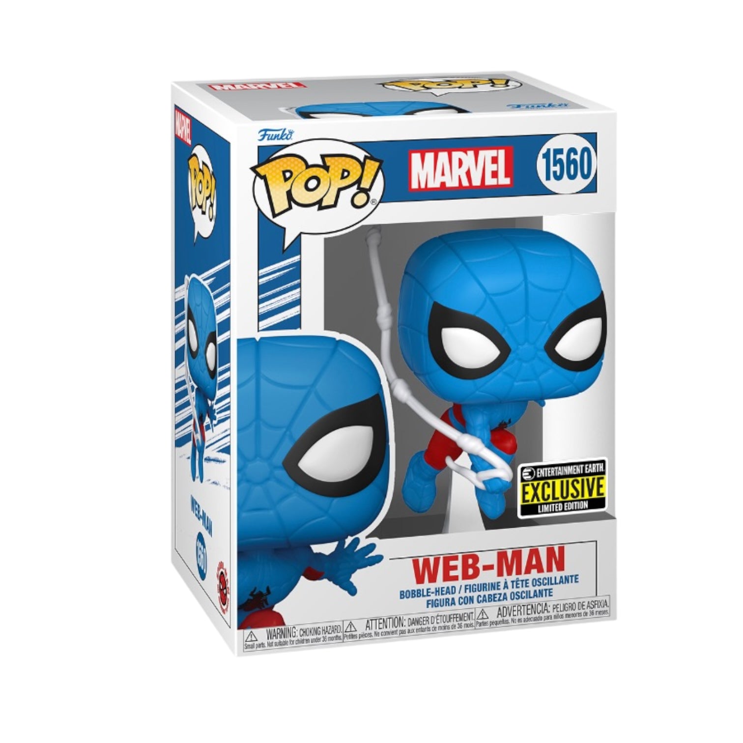 Web-Man #1560 Funko Pop! figure, Marvel character, exclusive from Entertainment Earth, featuring vibrant colors and details.