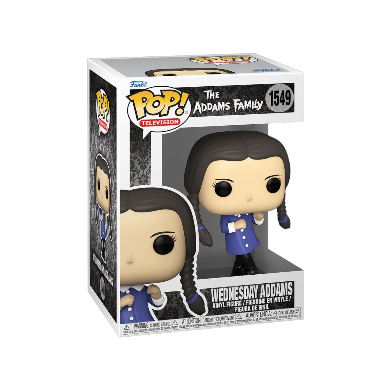 Funko Pop! figure of Wednesday Addams from The Addams Family, showcasing her iconic dark attire and signature hairstyle.