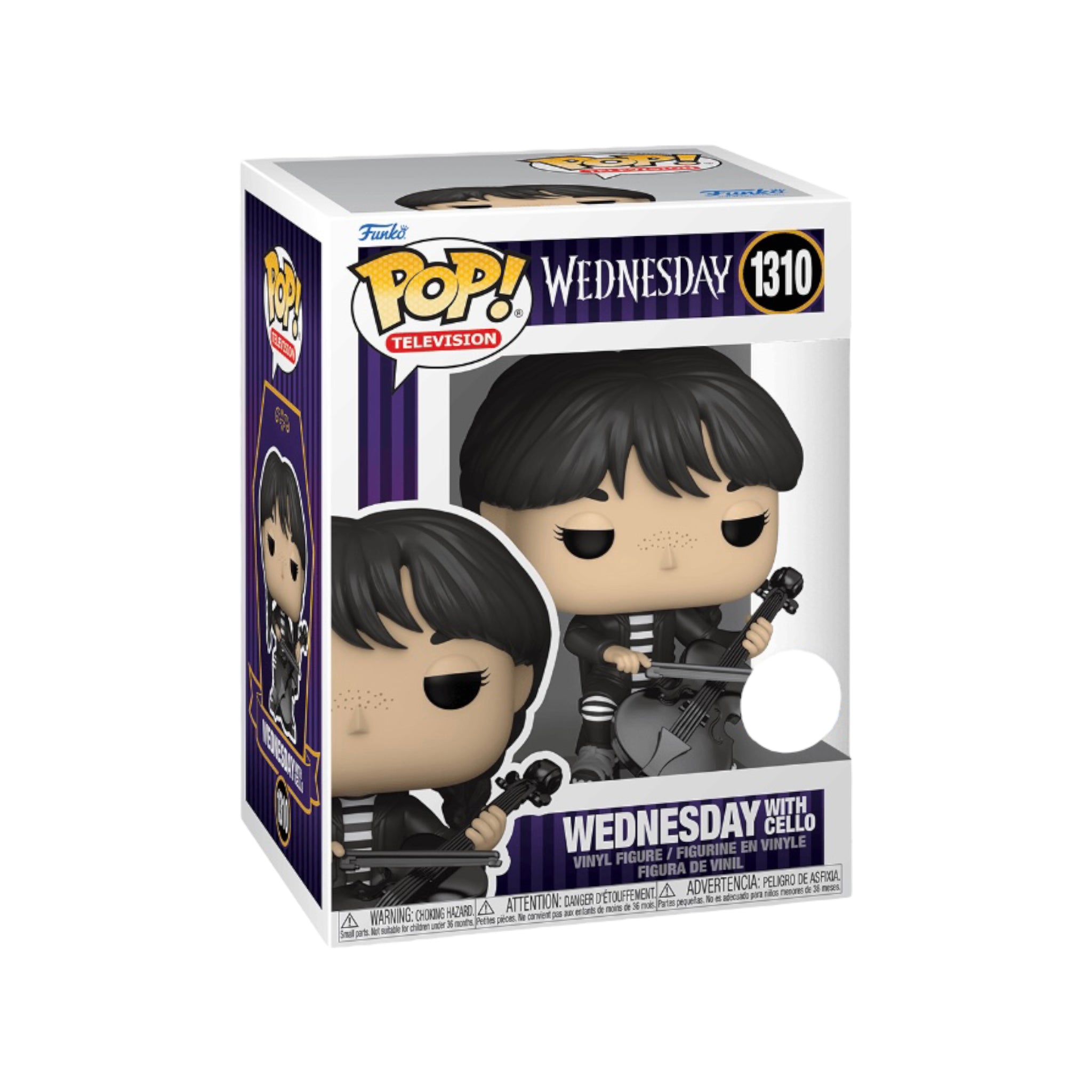 Funko Pop! of Wednesday with Cello #1310, a Funko Shop exclusive without a sticker, showcasing her unique style.