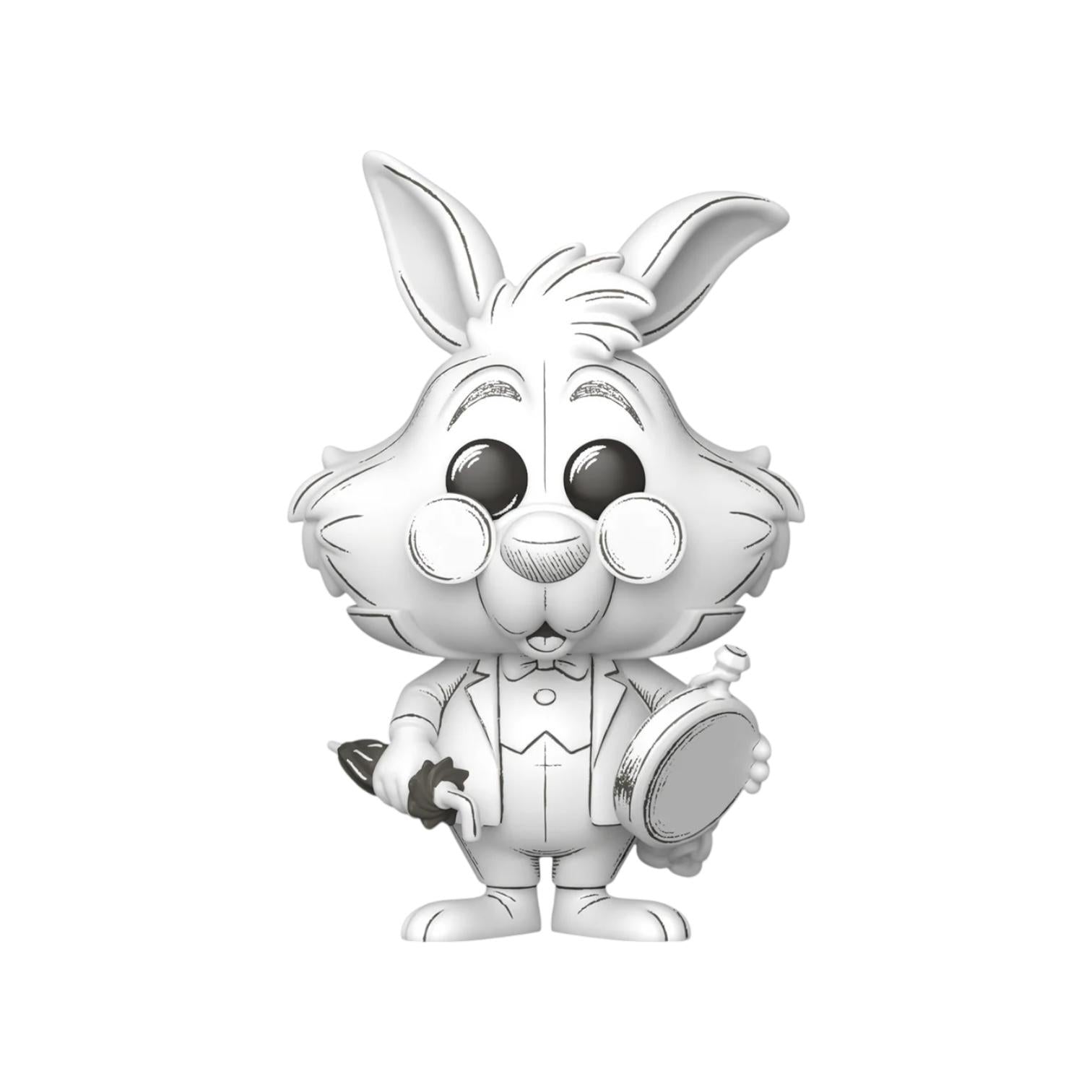 Black and white cartoon rabbit figurine with a bow tie and cane on a white background