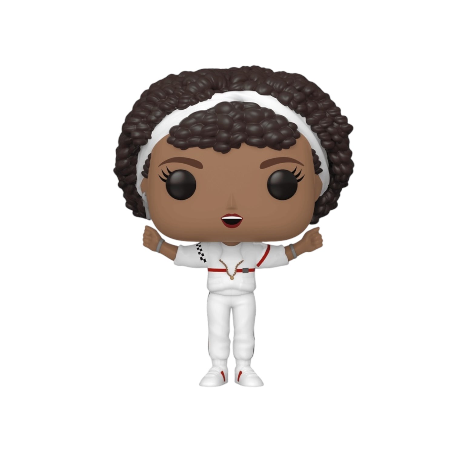 Whitney Houston dressed in all white with her arms in the air.