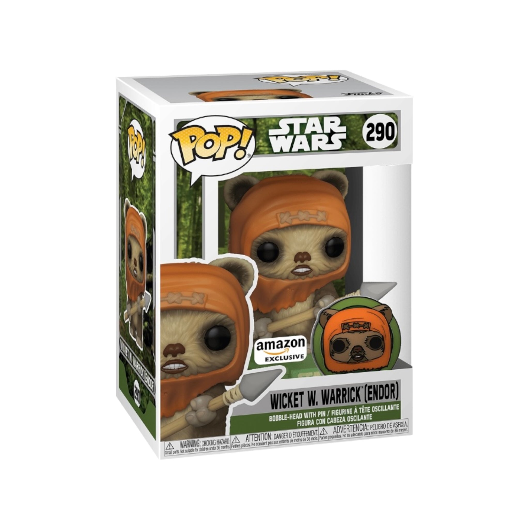 Wicket W. Warrick Funko Pop! figure from Star Wars, Amazon Exclusive, showcasing the adorable Ewok character in vibrant detail.