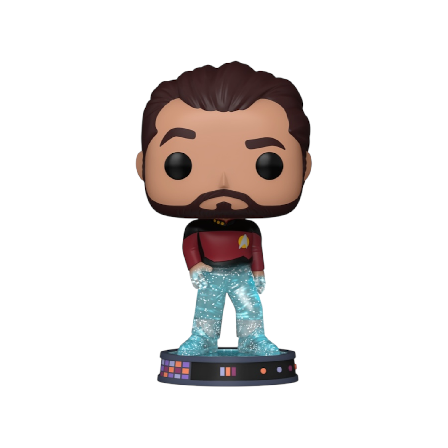 Pop Figure of William T. Riker detailed Half and half with a glitter legs and his original outfit on the top