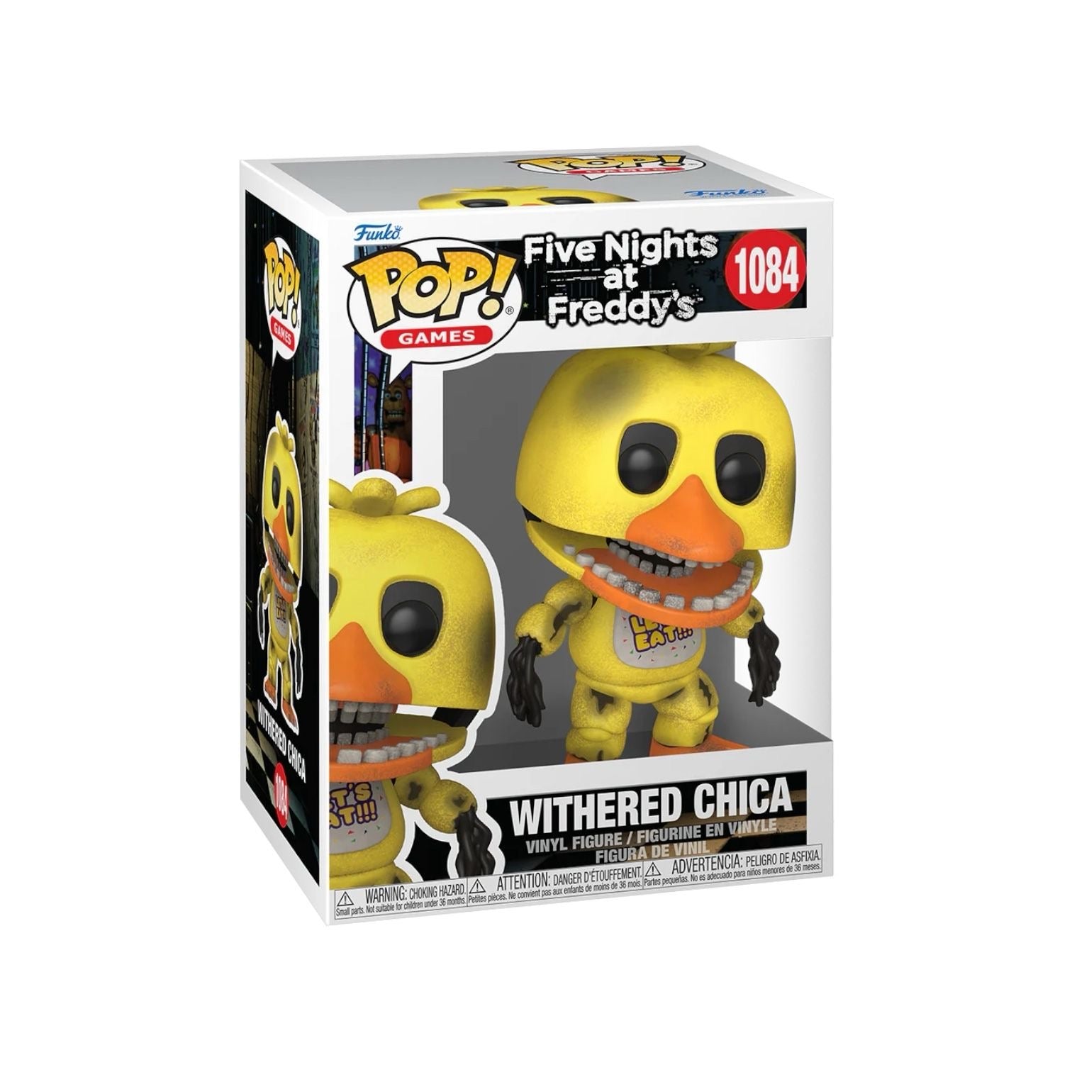 Withered Chica! Complete your Five Nights at Freddy’s™ lineup by closing in on POP! Withered Chica before this animatronic moves! Vinyl figure is approximately 4.1 in (10.4 cm) tall.
