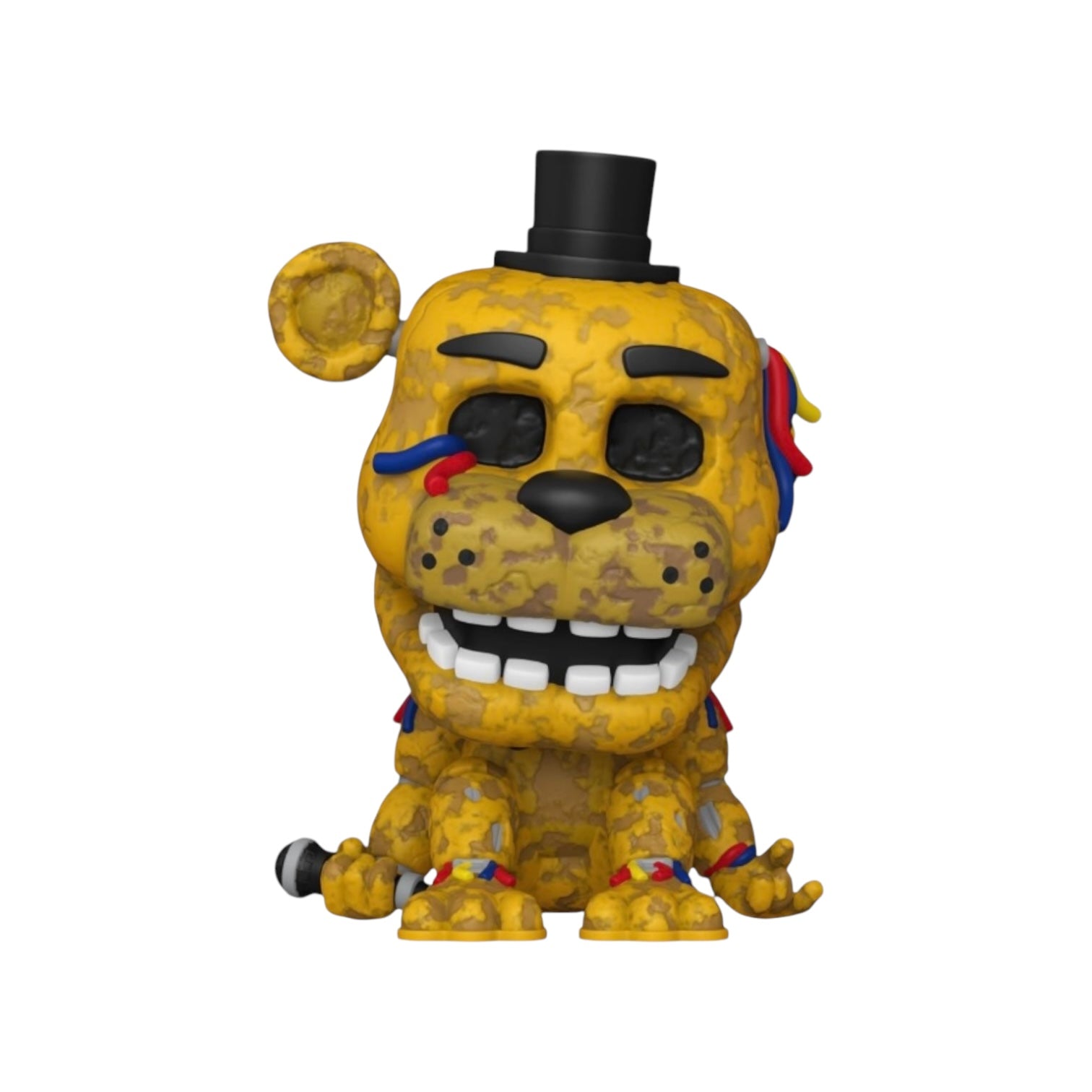 Golden Freddy sitting slumped with a black hat and microphone
