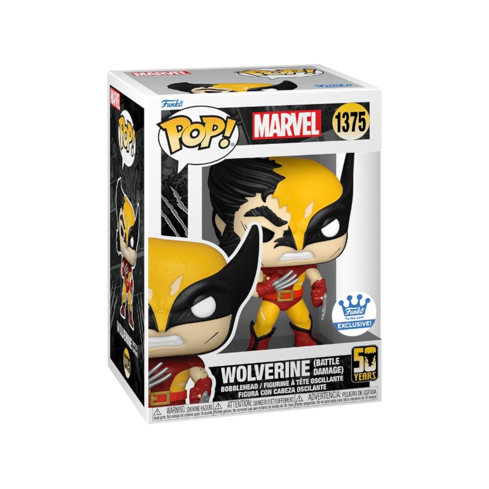 Funko Pop! figure of Wolverine in battle damage attire, celebrating 50 years, exclusive to Funko Shop.
