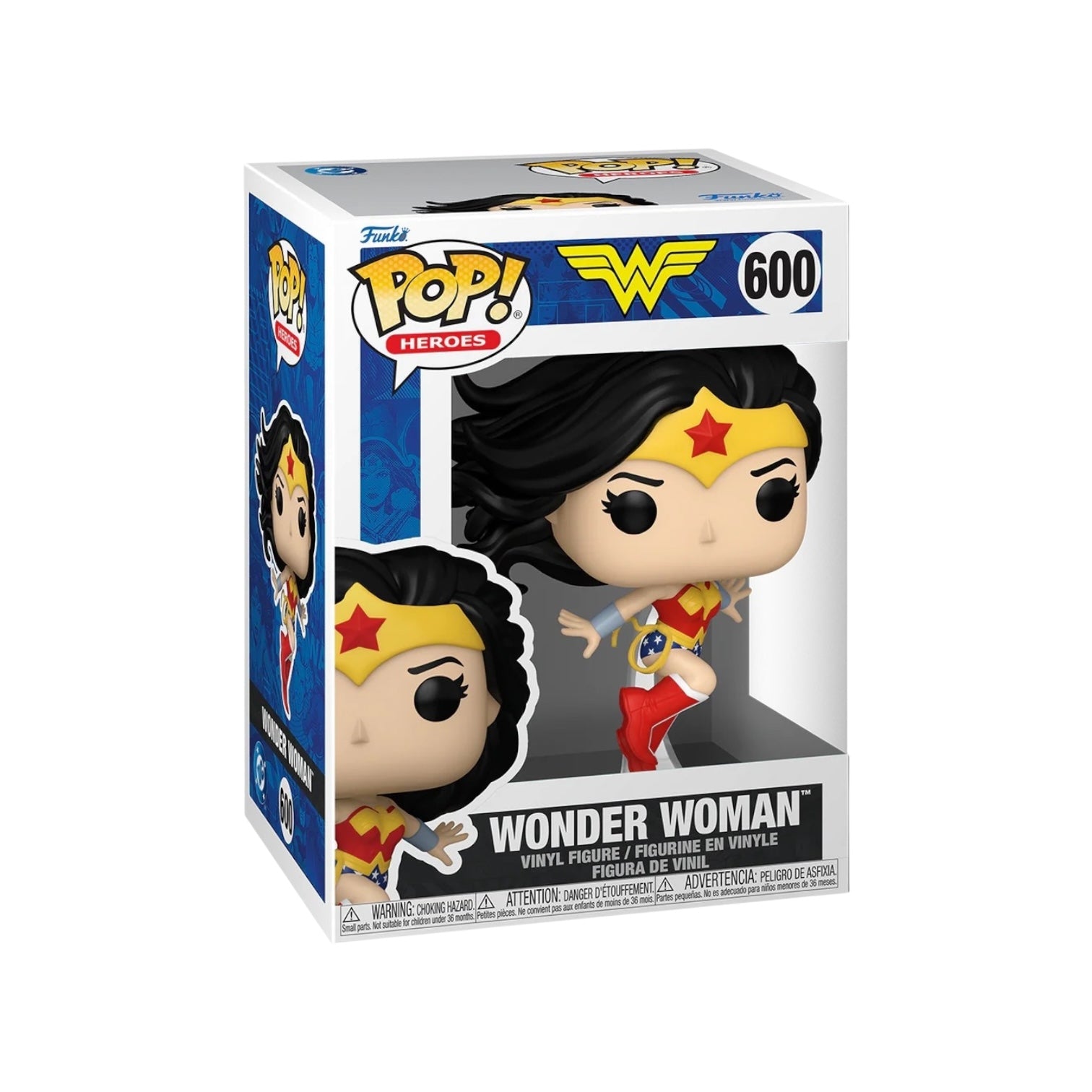 Funko Pop figure of Wonder Woman #600 from DC Comics: New Classics, featuring her iconic costume and lasso.