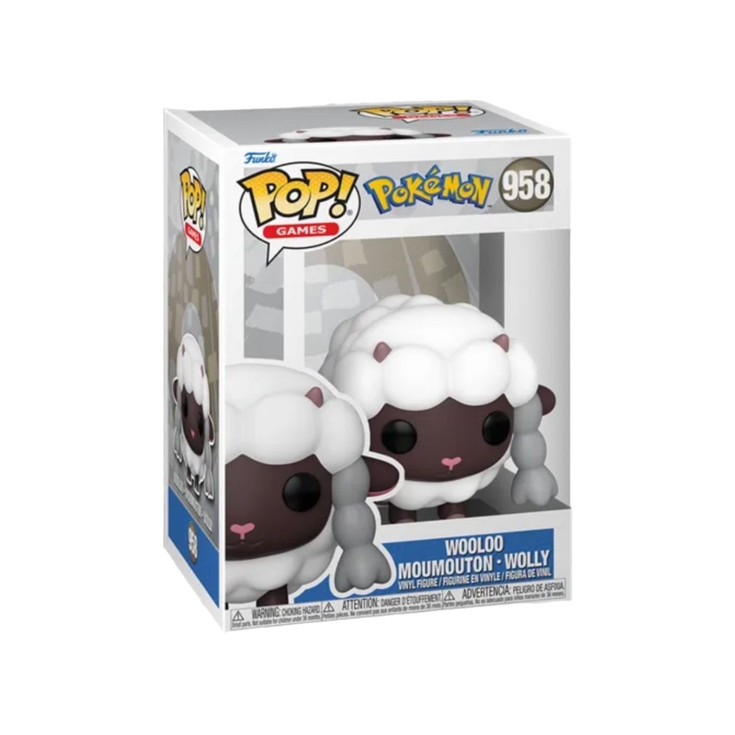 Funko Pop! figure of Wooloo #958 from Pokémon, featuring the fluffy sheep Pokémon with a cute expression.