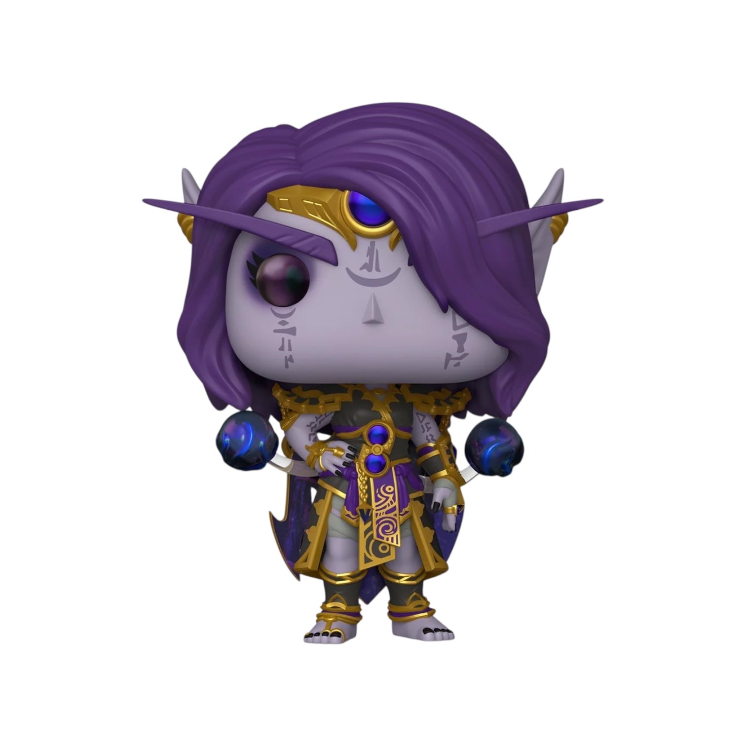 Funko Pop! vinyl figure with purple hair and gold armor on a white background