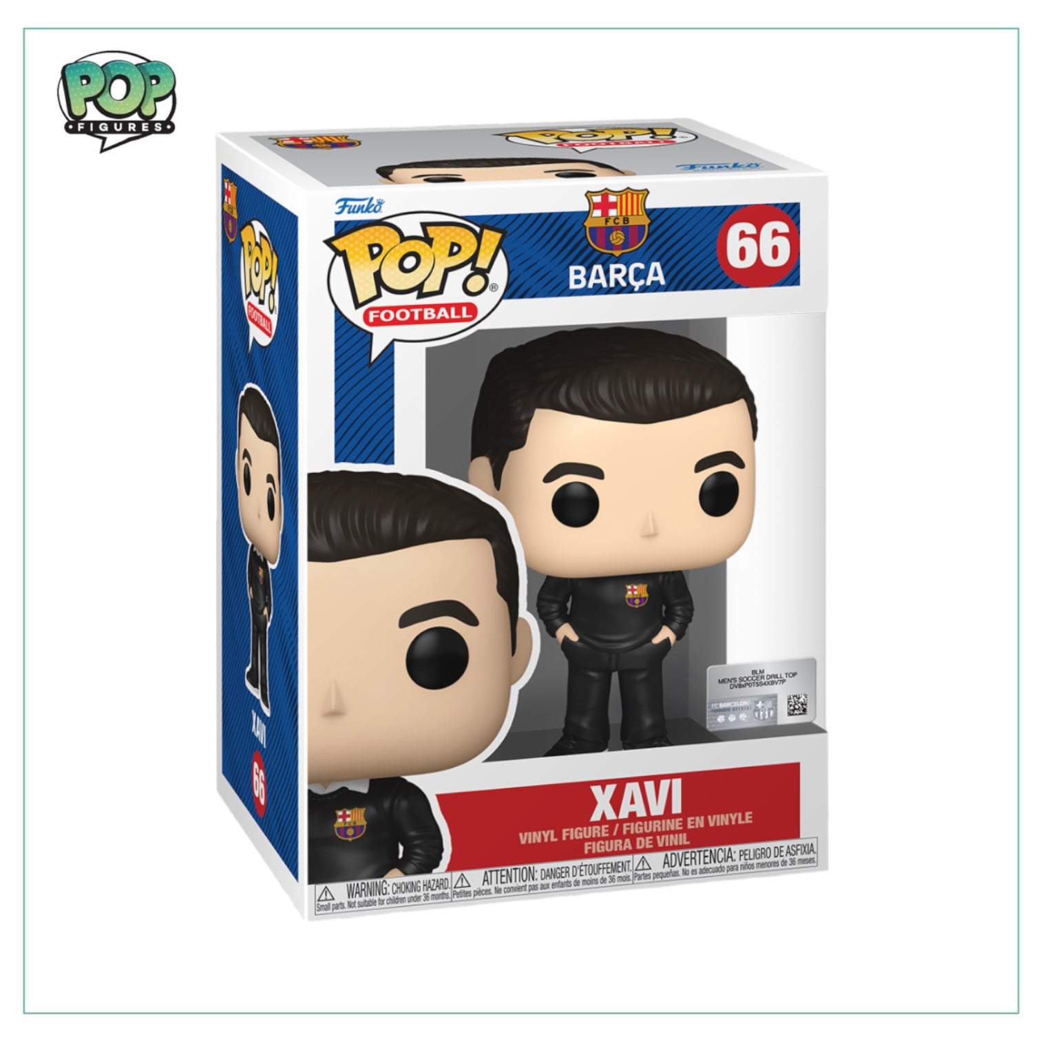 Xavi #66 Funko Pop! figure in Barcelona jersey, showcasing his iconic hairstyle and a big smile, perfect for collectors.