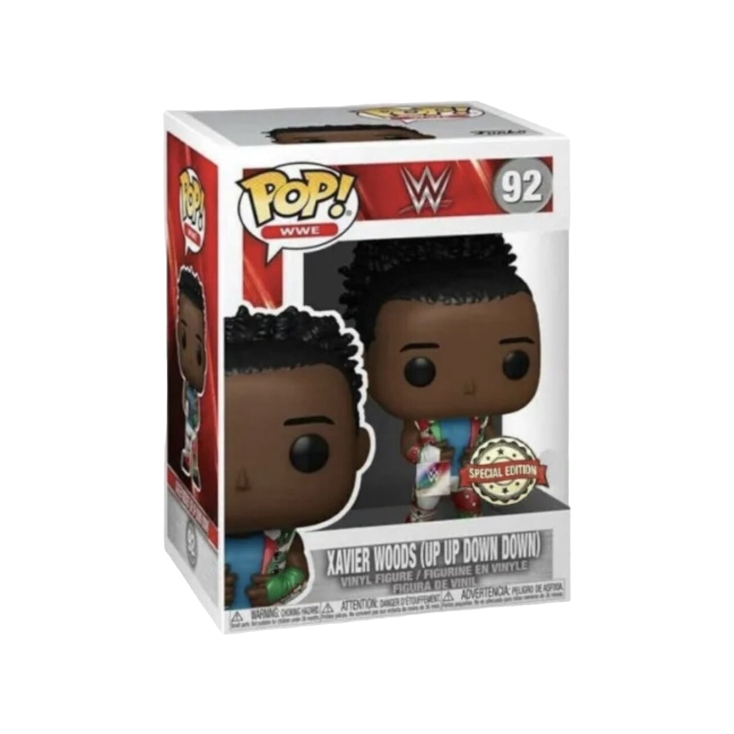 Collectible Funko Pop! #92 of Xavier Woods from WWE's Up Up Down Down, designed as a special edition with vibrant details.