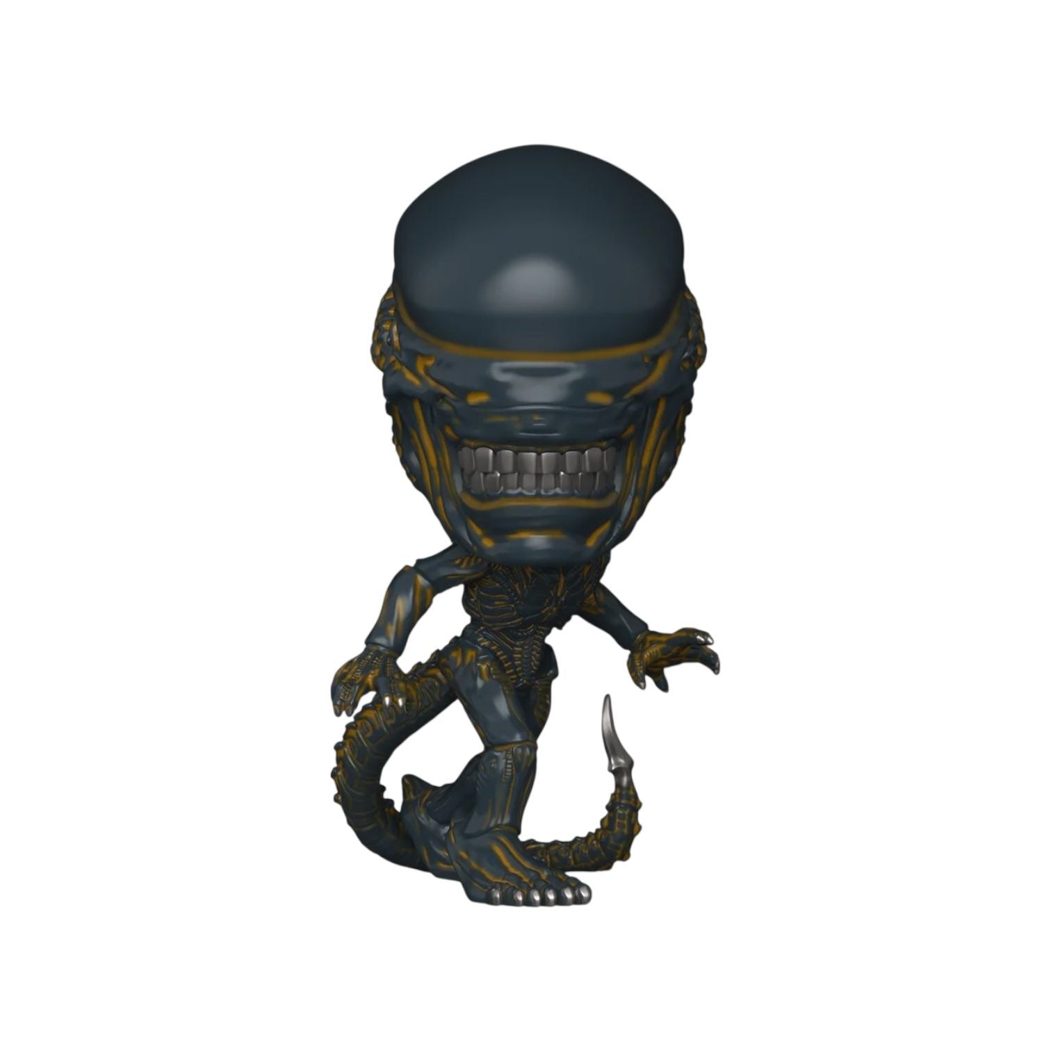 Alien figurine with a dark blue and gold color scheme on a white background