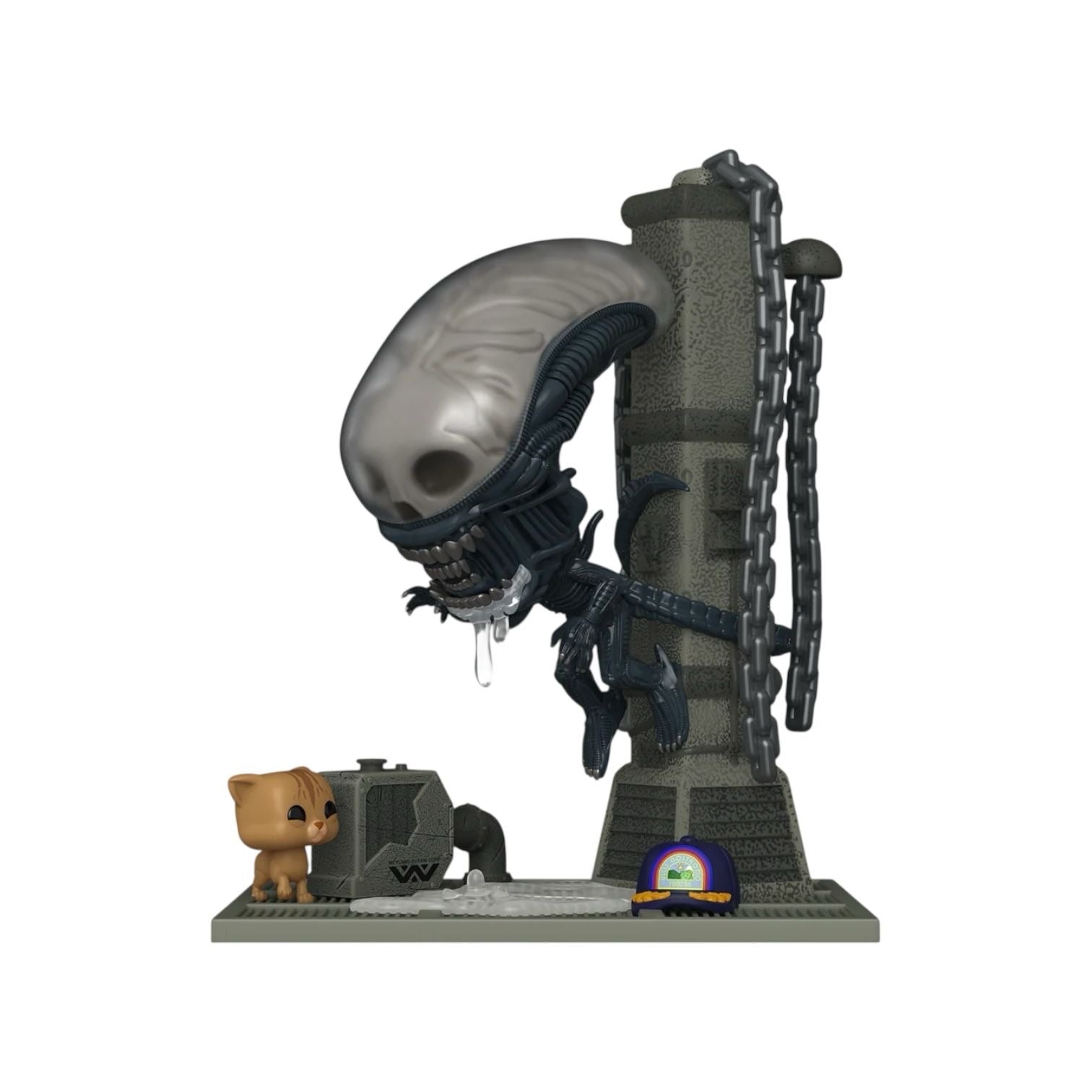 Alien figurine with a dog and camera on a white background