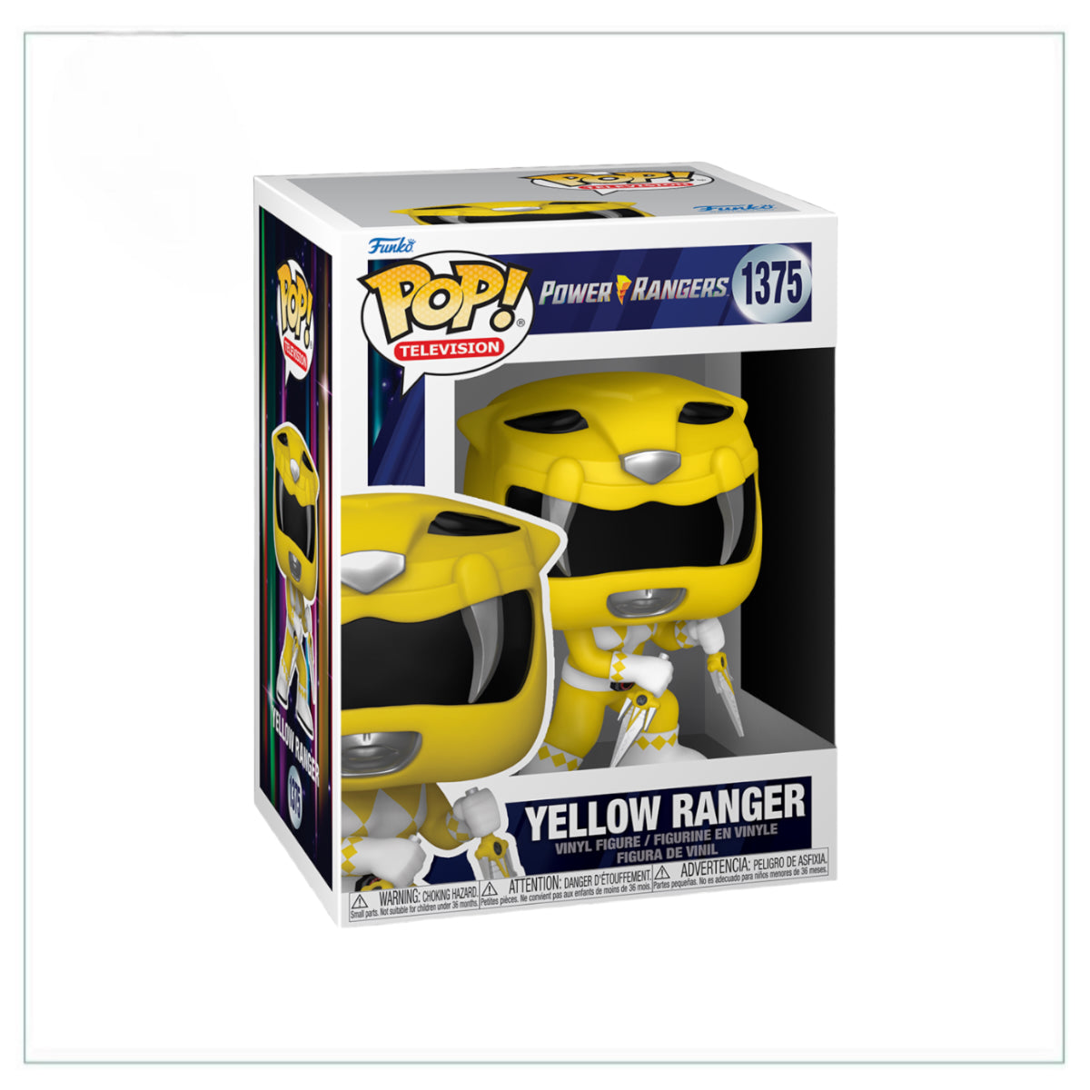 Funko Pop! of Yellow Ranger #1375 from Power Rangers, showcasing her iconic suit and helmet in vibrant colors.
